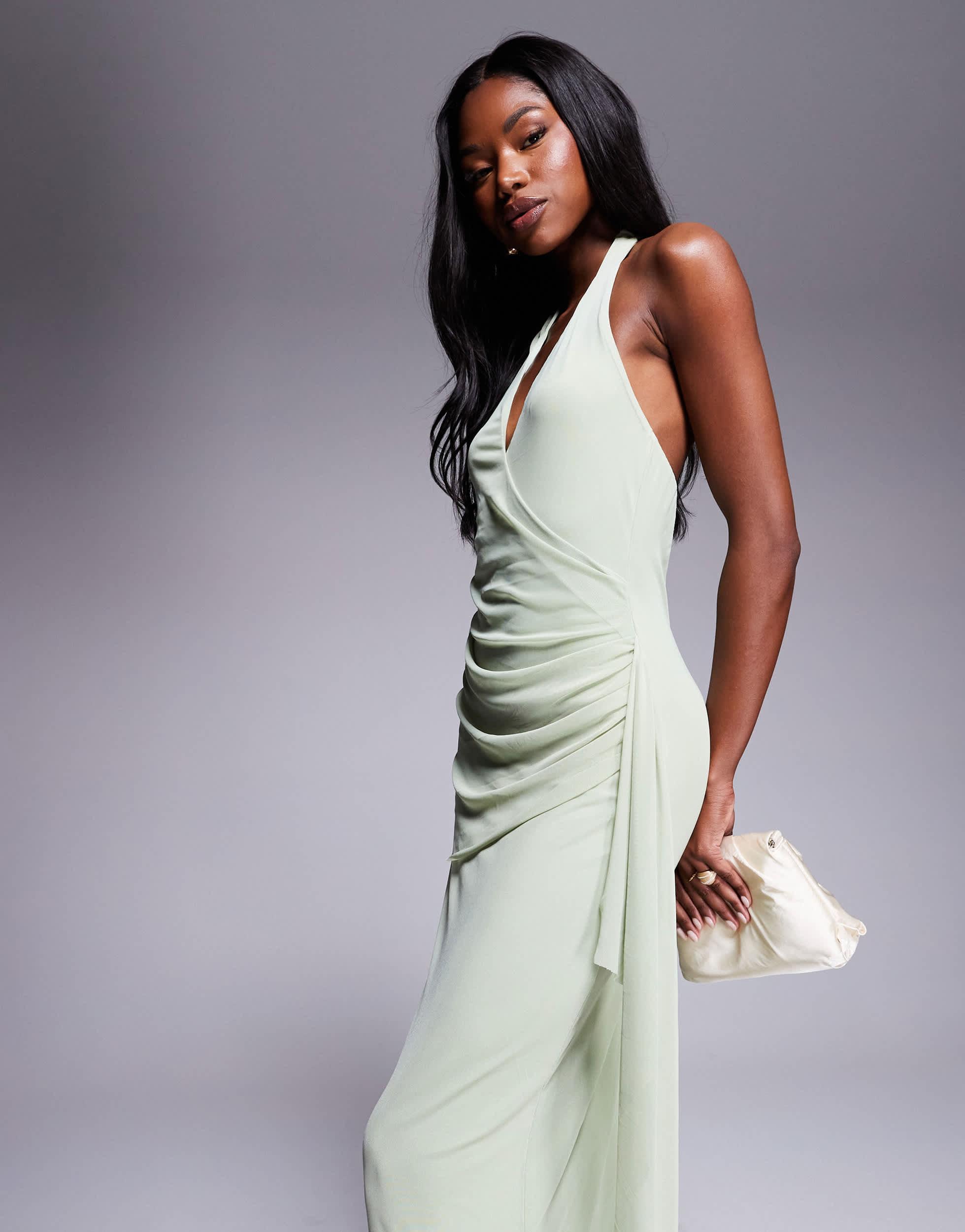 ASOS Mesh Halterneck Midi Dress With Sweeping Sash Skirt in Purple | Lyst