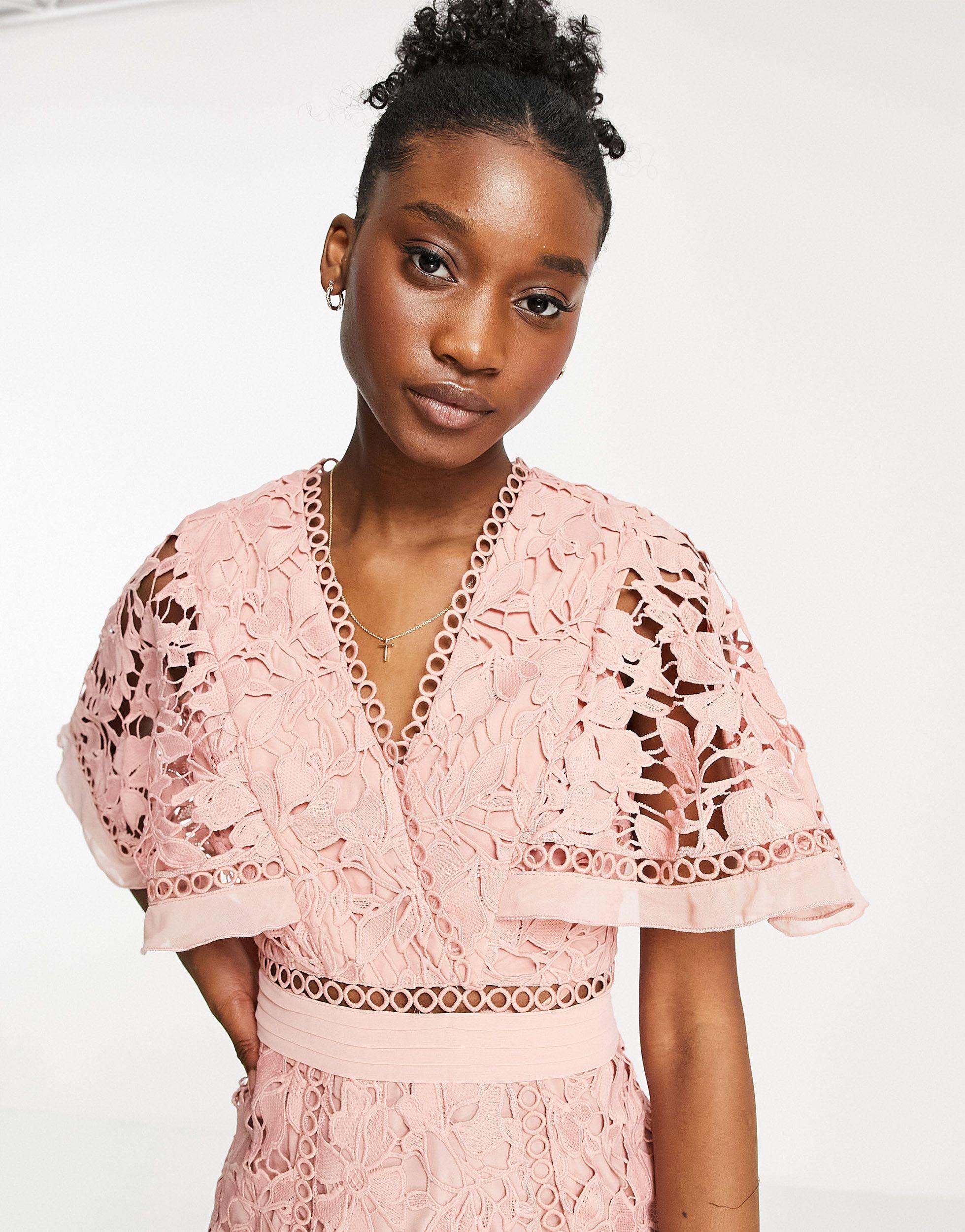ASOS Lace Midi Dress With Cape Sleeve And Peplum Hem in Pink | Lyst