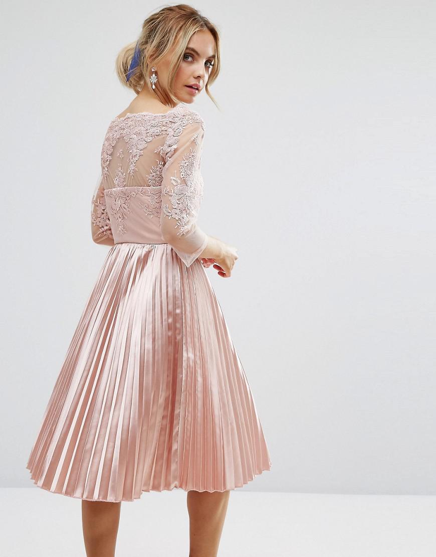 Chi Chi London Chi Chi Petite Lace Top Bardot Dress With Pleated Skirt in  Pink | Lyst