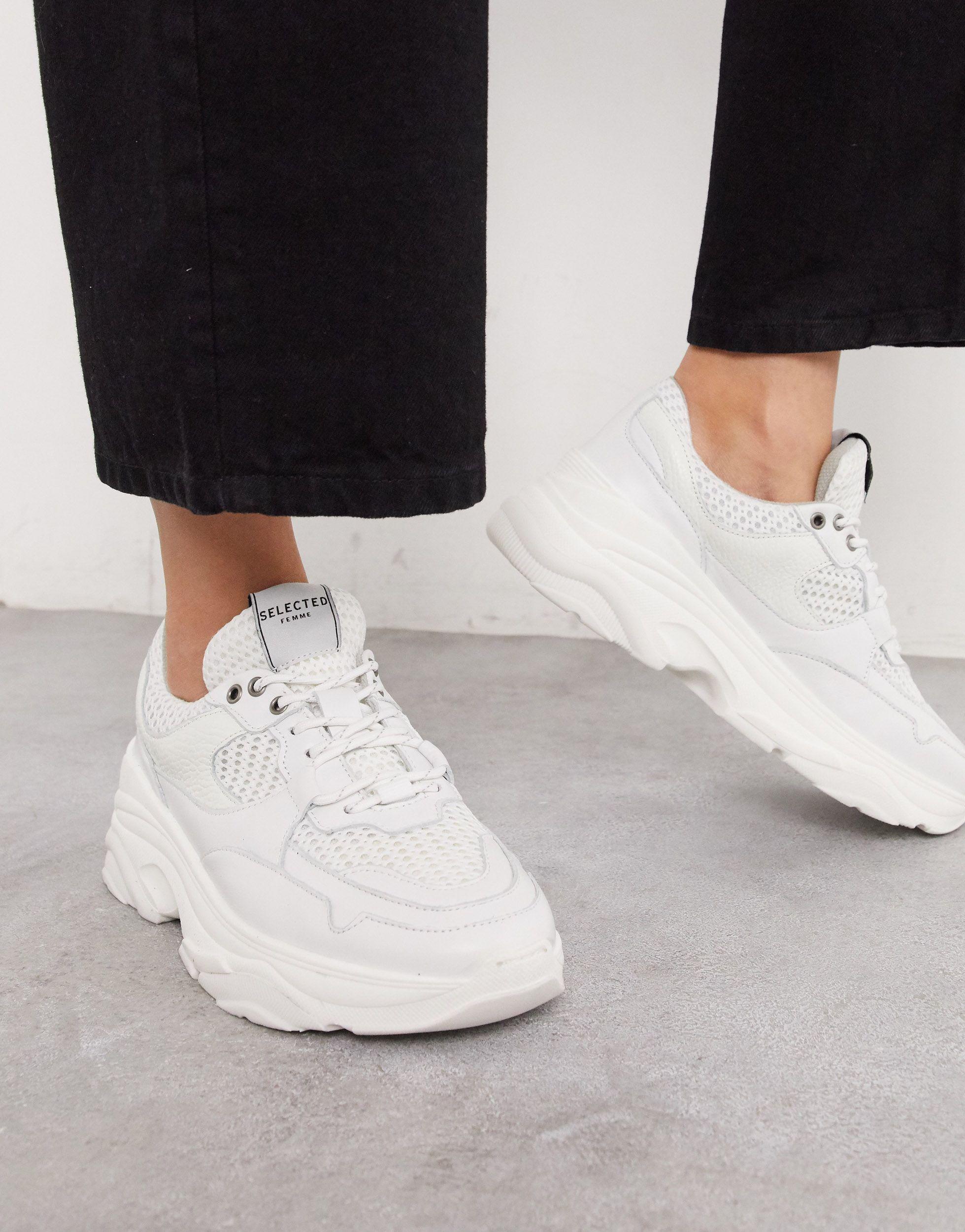 SELECTED Femme Chunky Leather Sneakers With Mesh in White - Lyst