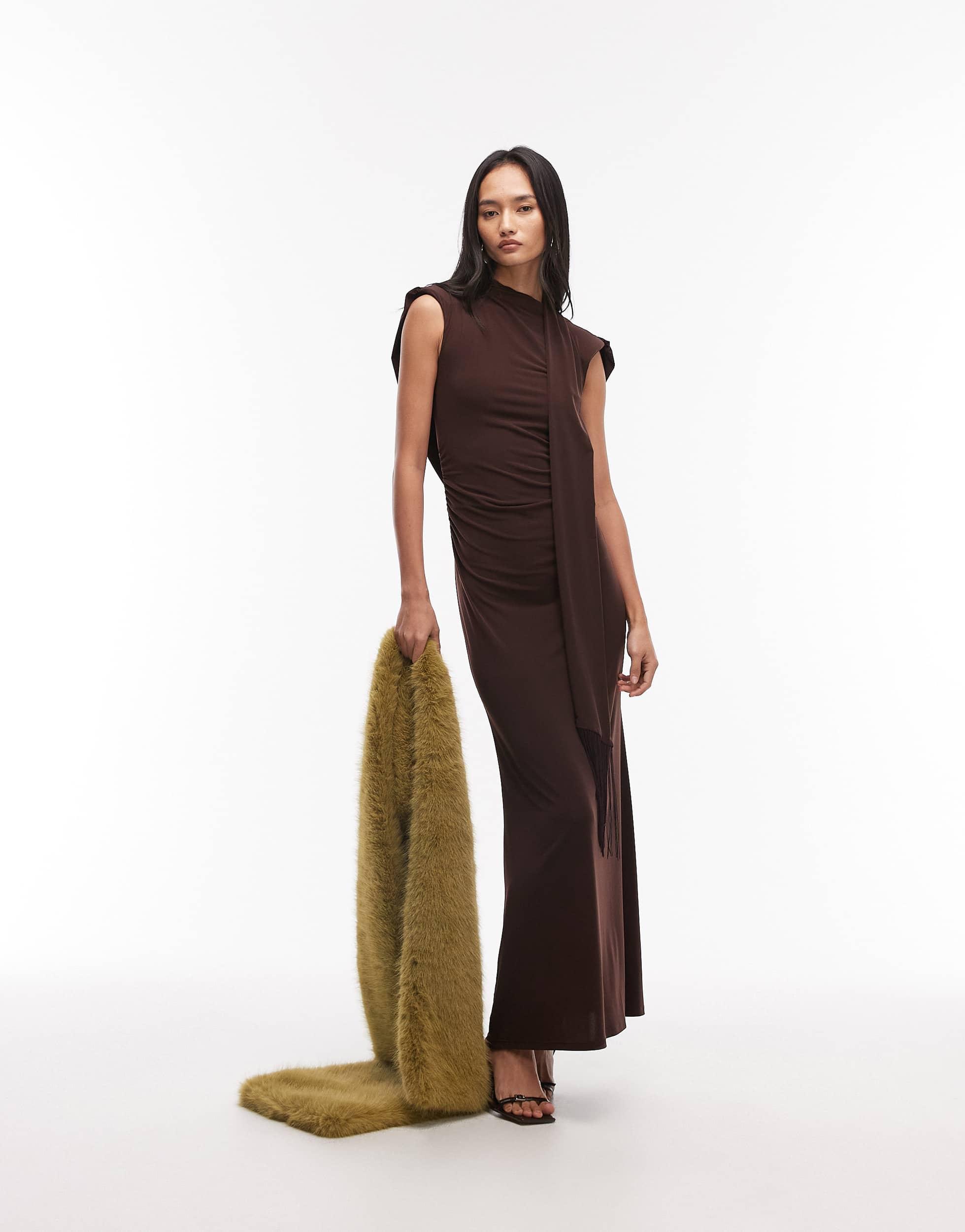 brown maxi dress with neck scarf Elegant Slit Ribbon Maxi Dress