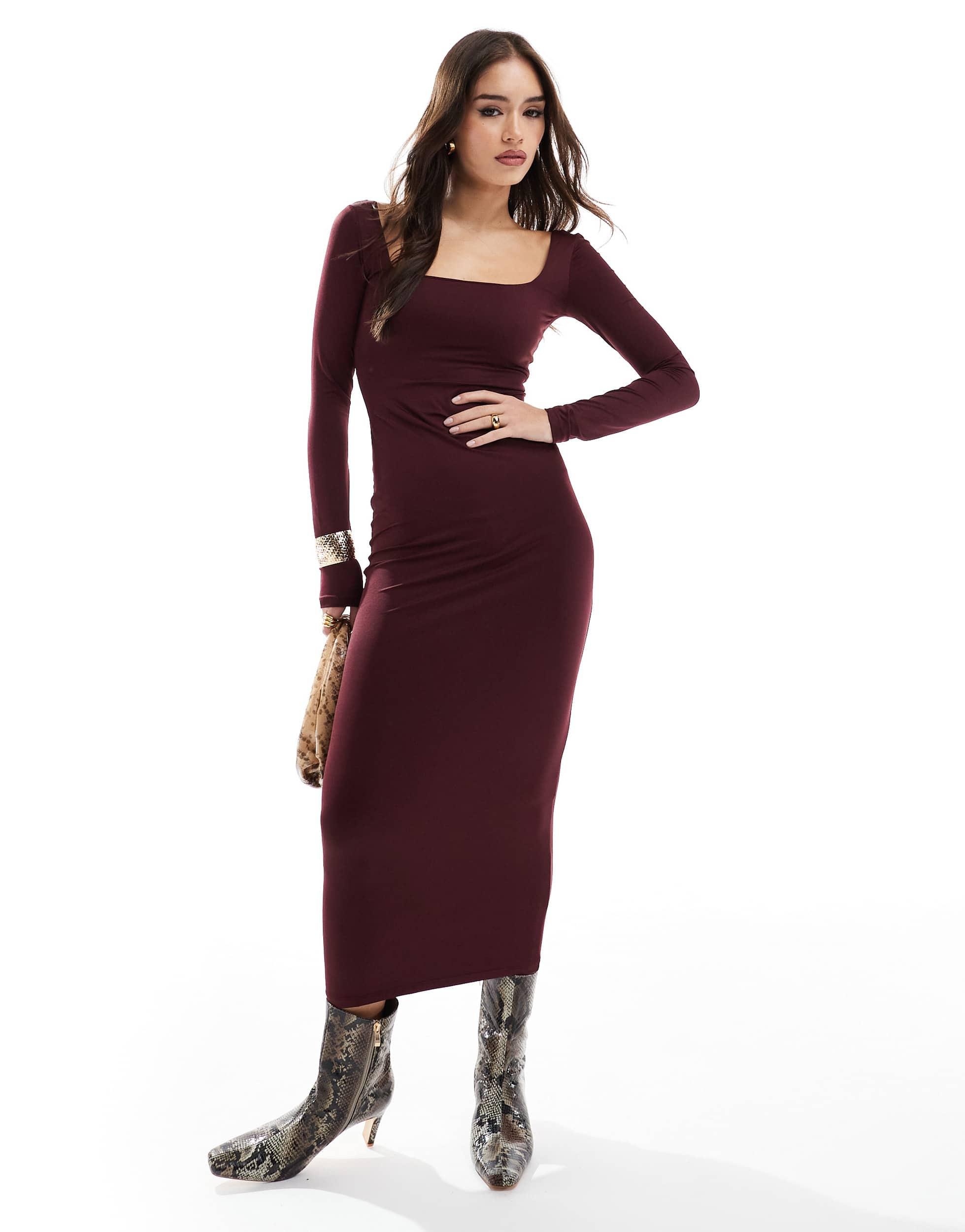 Bershka Long Sleeve Square Neck Bodycon Midaxi Dress in Red | Lyst