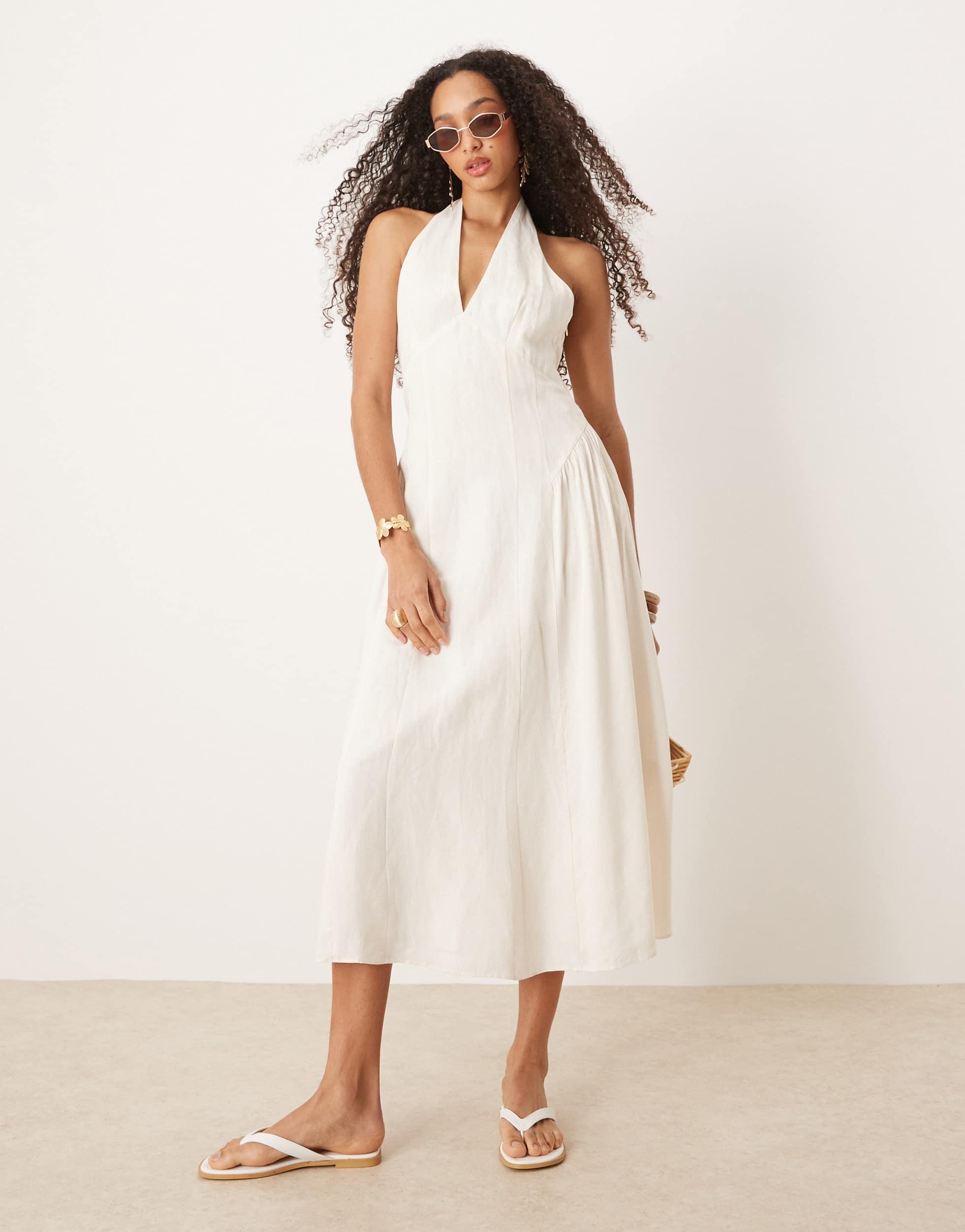 Mango Linen Mix Halter Neck Midi Dress in Brown | Lyst Mango Linen Mix Halter Neck Midi Dress in Brown | Lyst