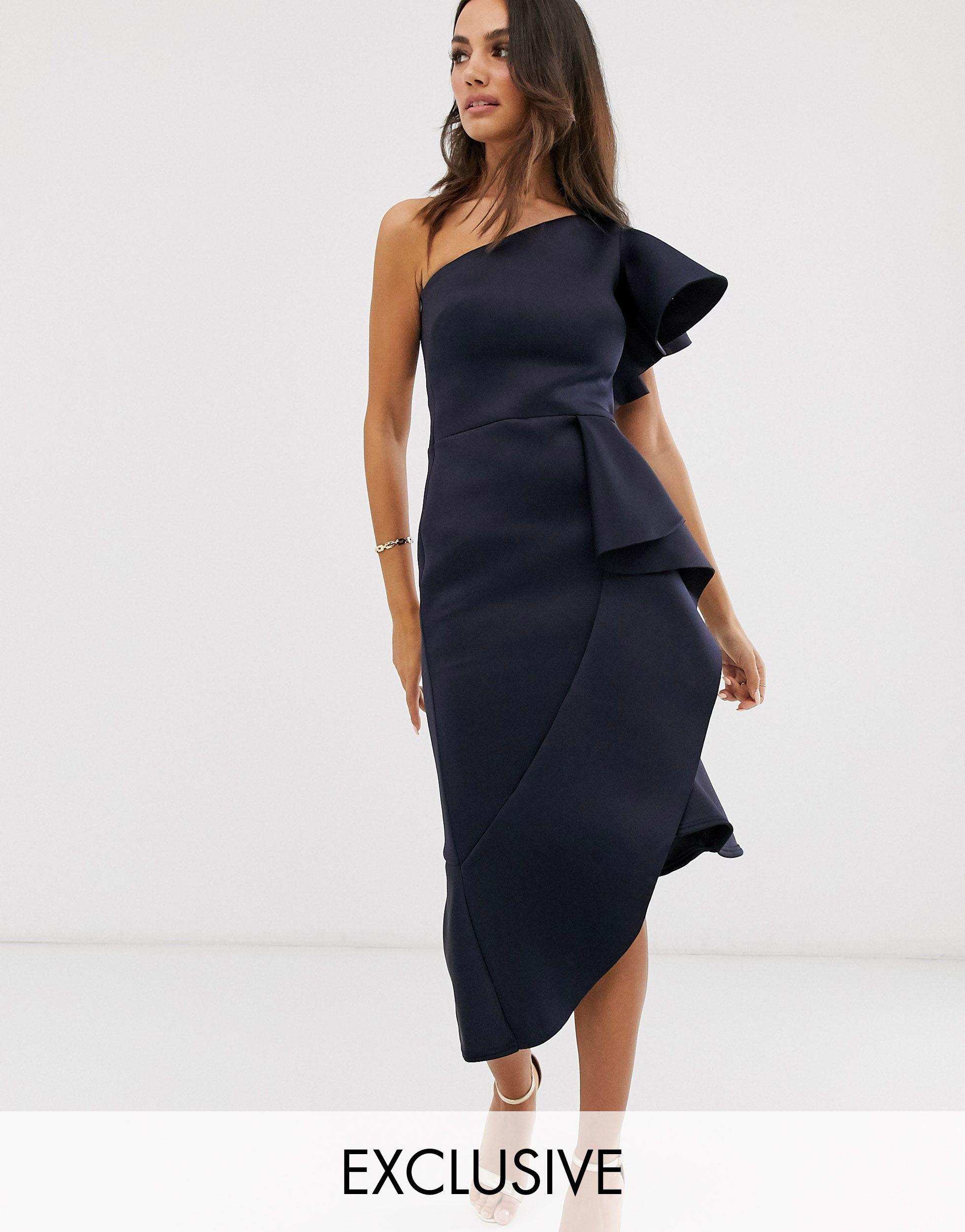 True Violet Synthetic Exclusive One Shoulder Asymmetrical Midi Dress in  Navy (Blue) - Lyst