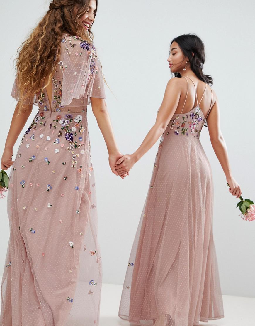 asos design floral embroidered dobby mesh cami strap maxi dress