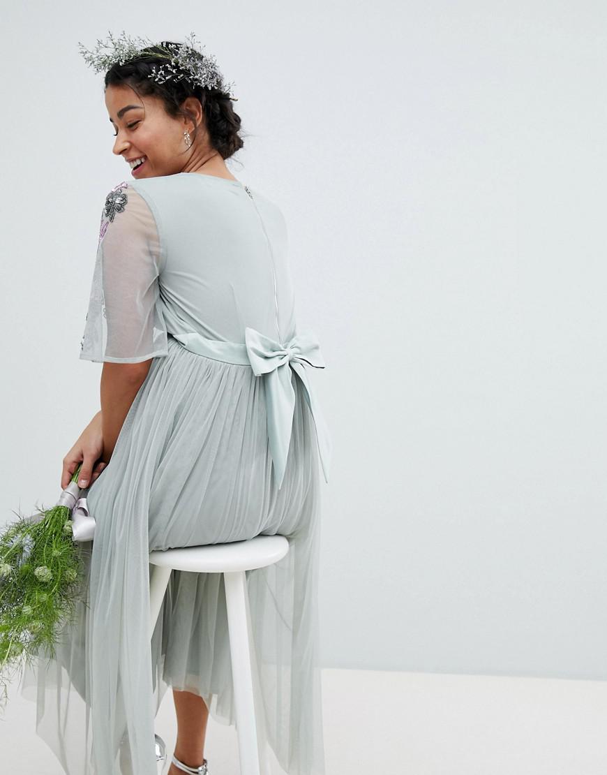maya embellished tulle sleeve maxi tulle dress in green