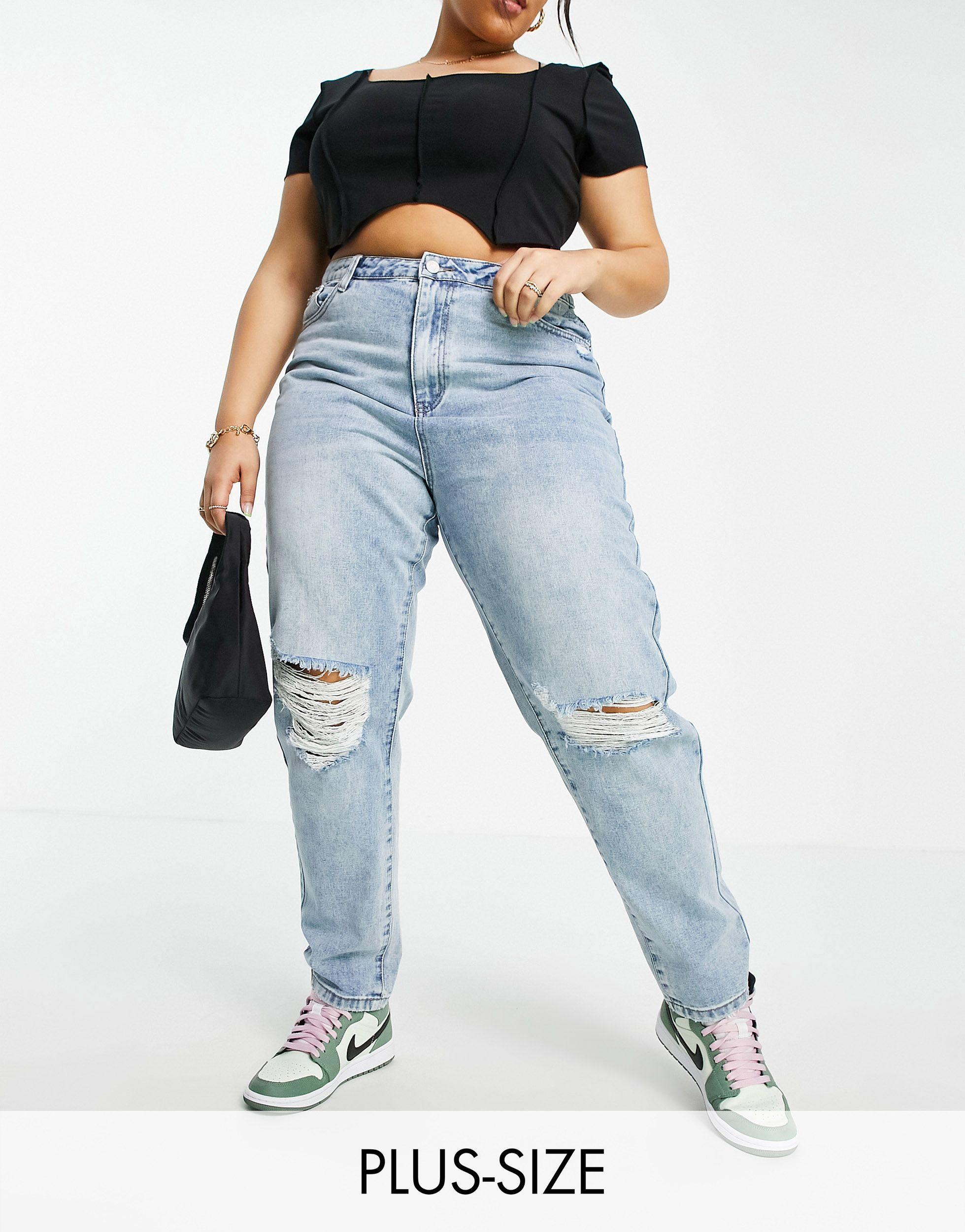 Missguided Riot High Waist Mom Jeans With Busted Knee in Blue | Lyst