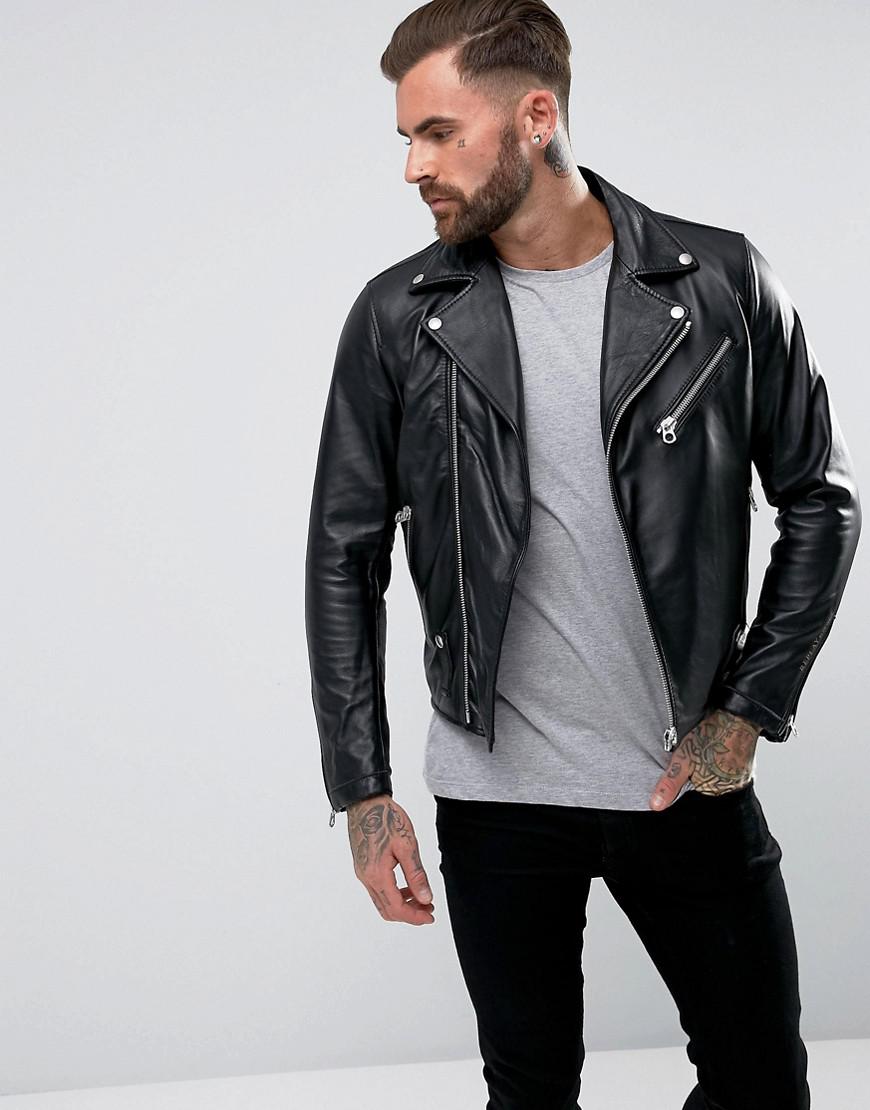 Replay Leather Biker Jacket Zip Detail in Black for Men - Lyst