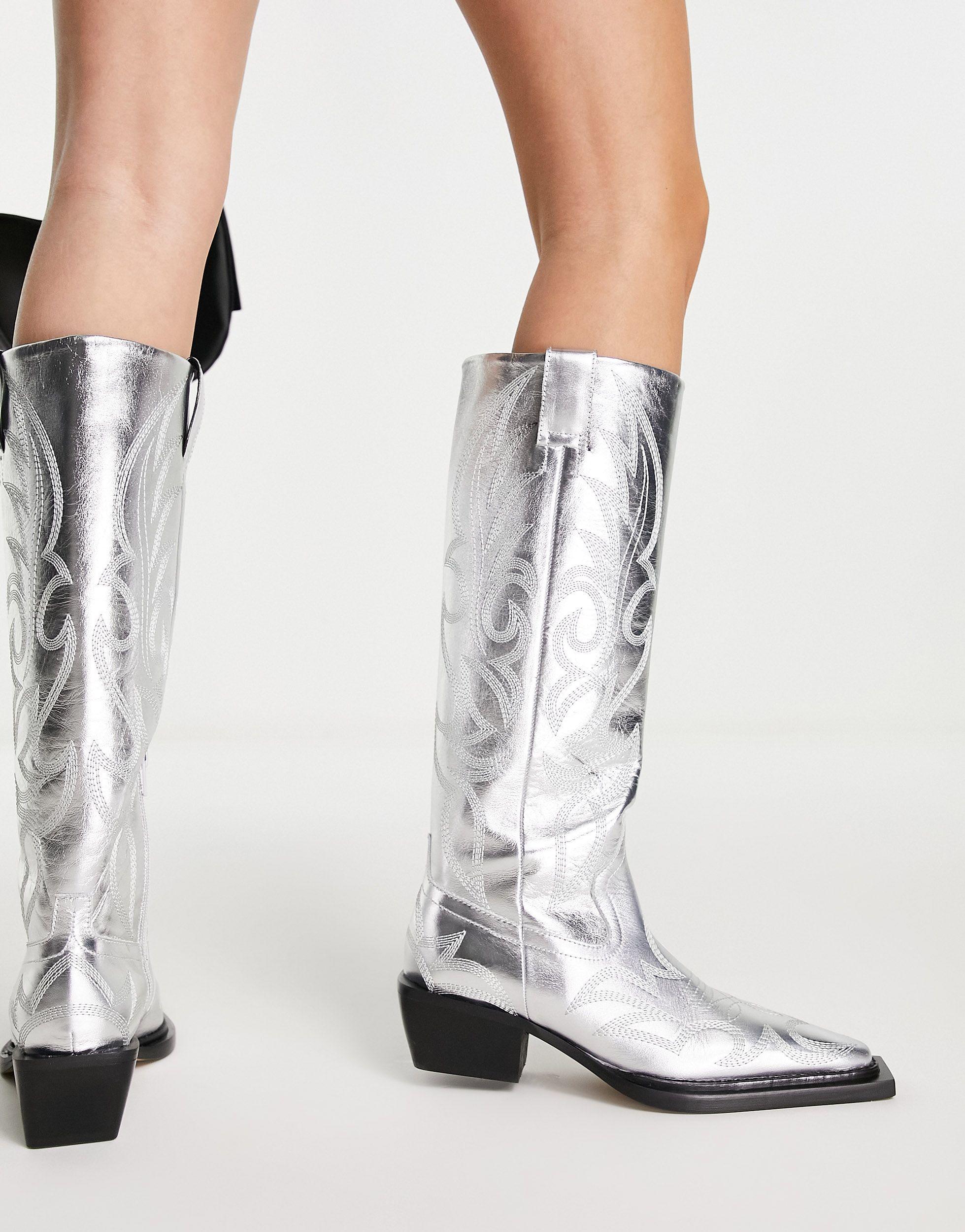 TOPSHOP Texas Premium Leather Knee High Western Boots in Metallic | Lyst