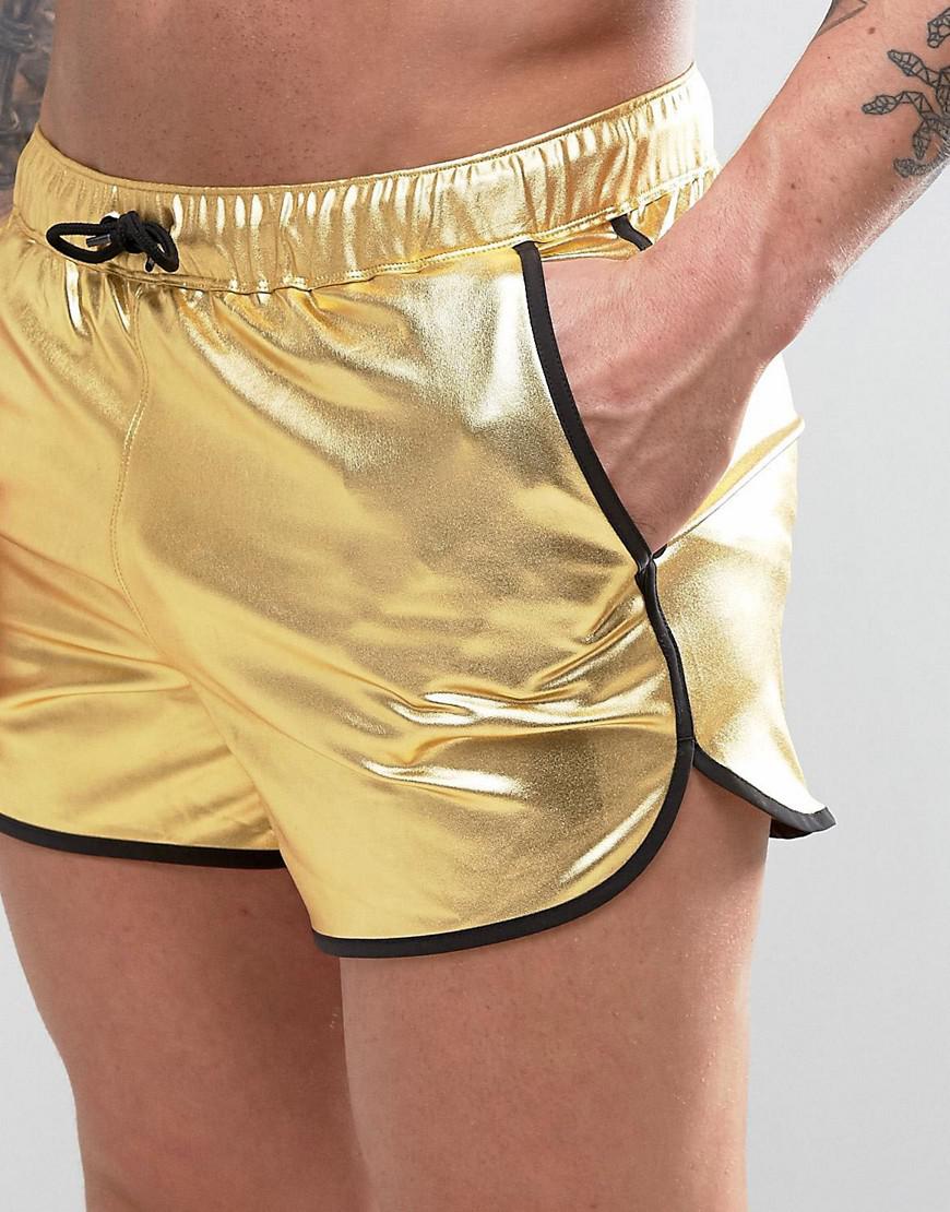 Asos Synthetic Runner Swim Shorts In Gold Metallic In Short Length For 