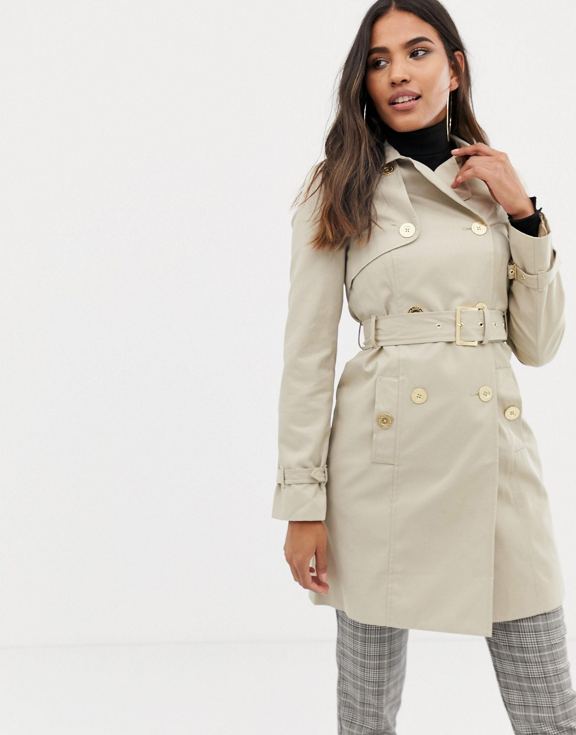 Lipsy Cotton Check Trench Coat in Natural - Lyst