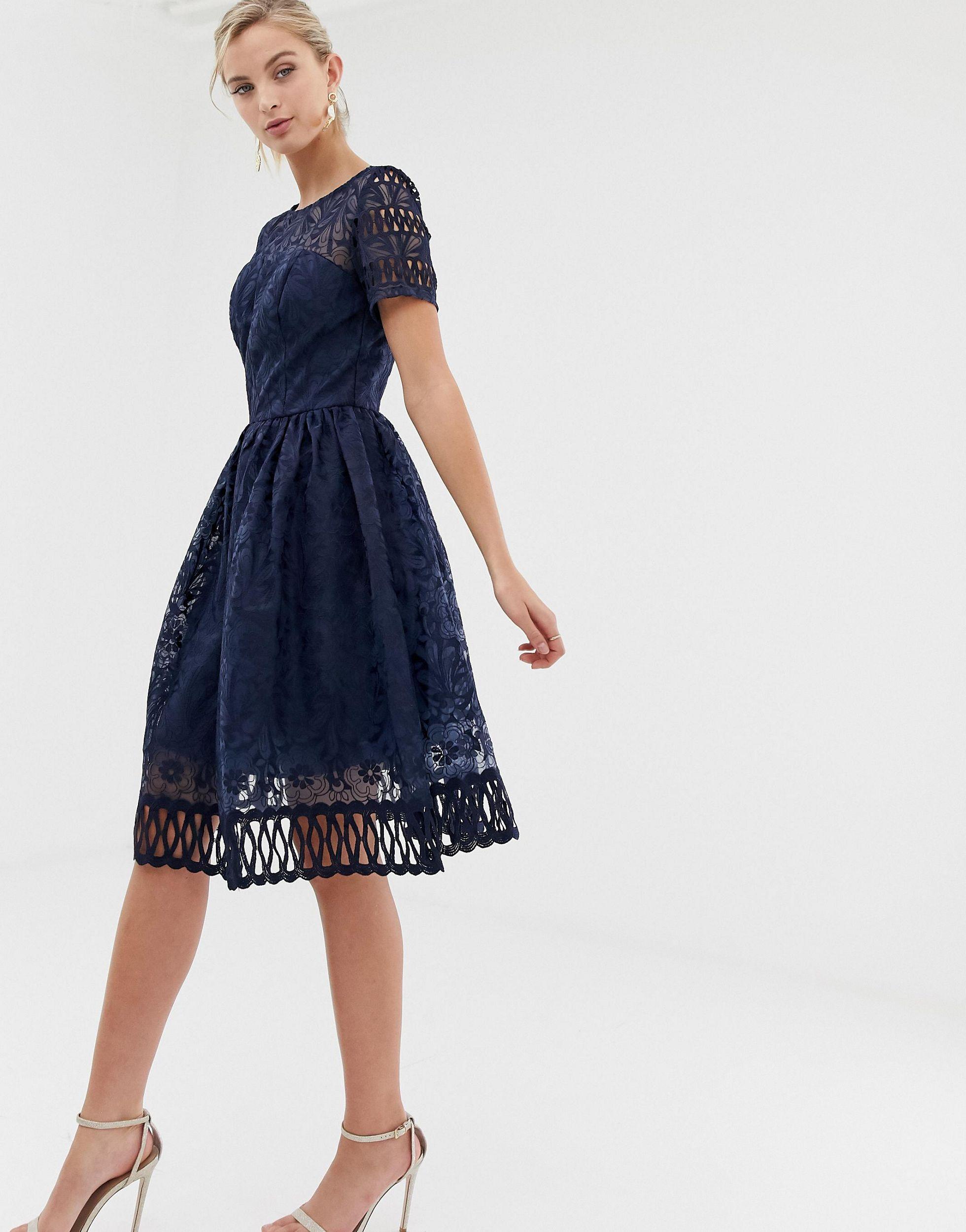 Chi Chi London Premium Lace Dress With Cutwork Detail And Cap Sleeve in  Navy (Blue) | Lyst