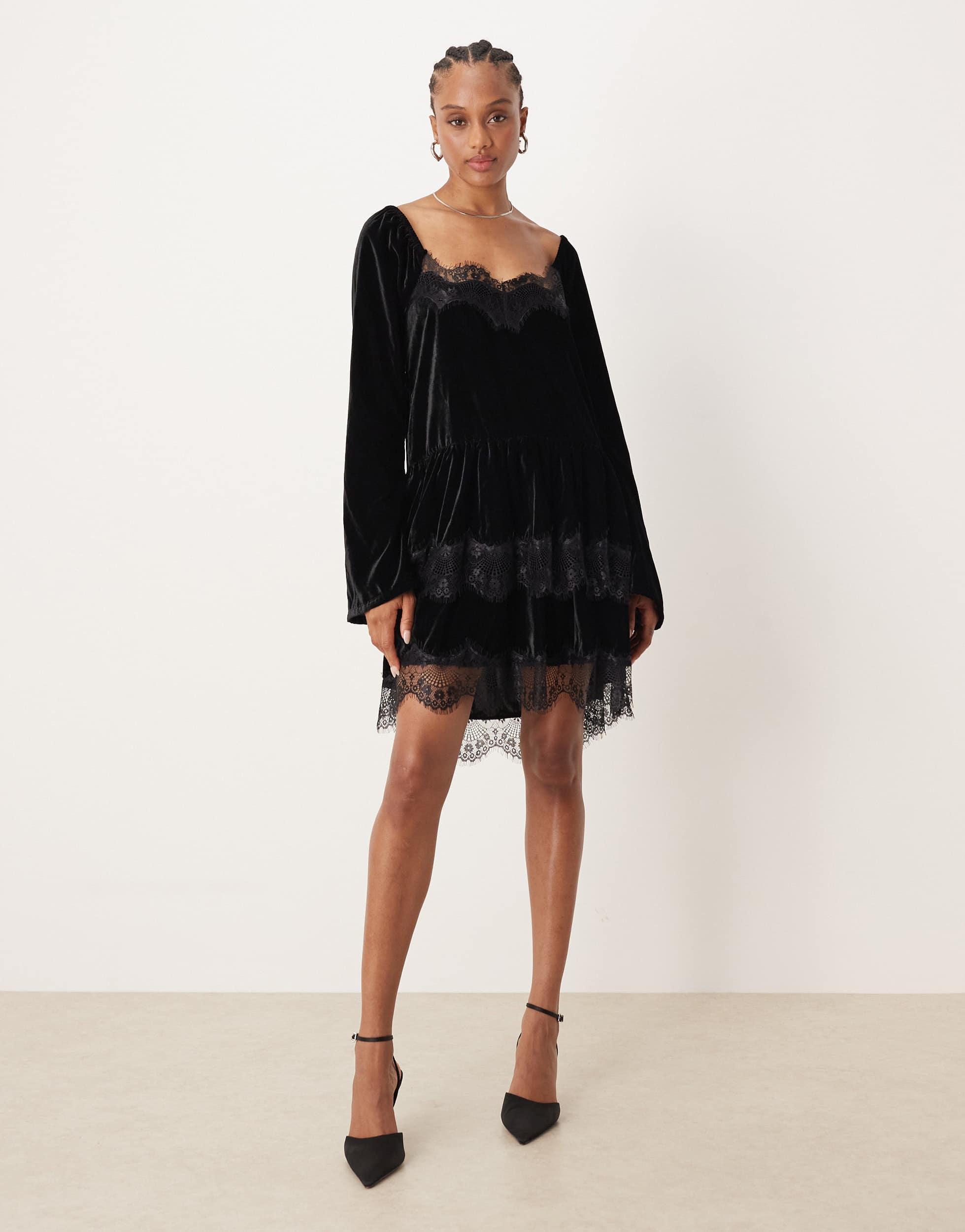 ASOS Asos Design Tall Long Sleeve Sweetheart Neckline Velvet Mini Dress in  Black | Lyst