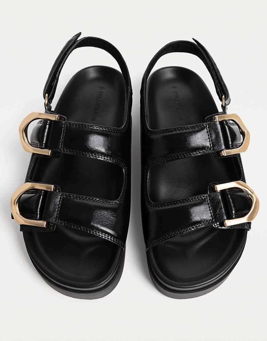 Stradivarius Wide Flat Slider Sandals With Buckles in Black