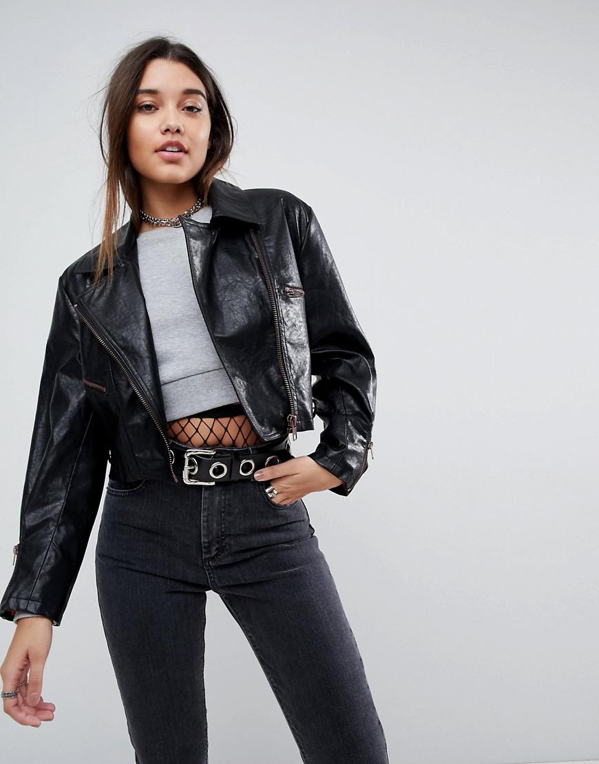 ASOS Asos Cropped Leather Look 80's Biker Jacket in Black | Lyst