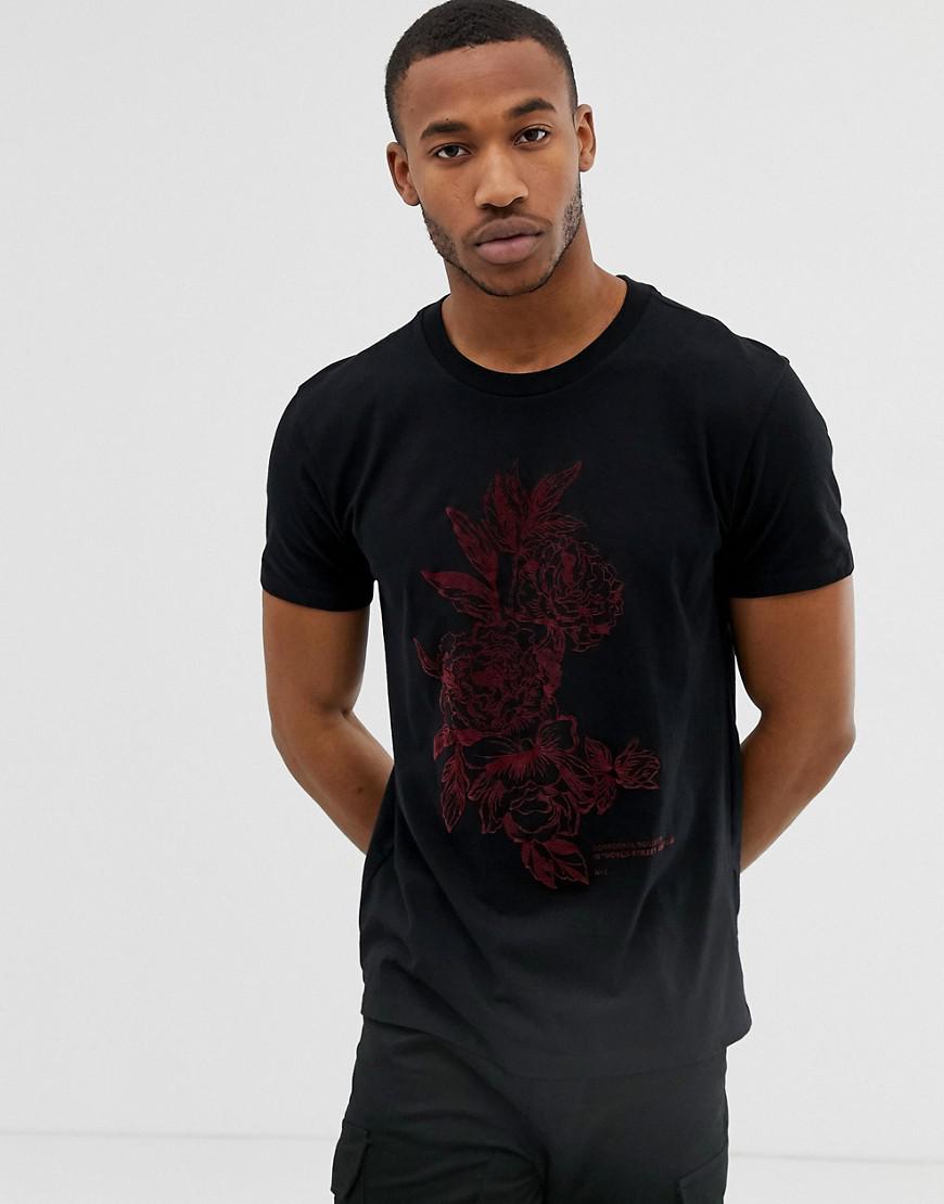Bershka Velvet T-shirt With Velour Rose Print in Black for Men - Lyst