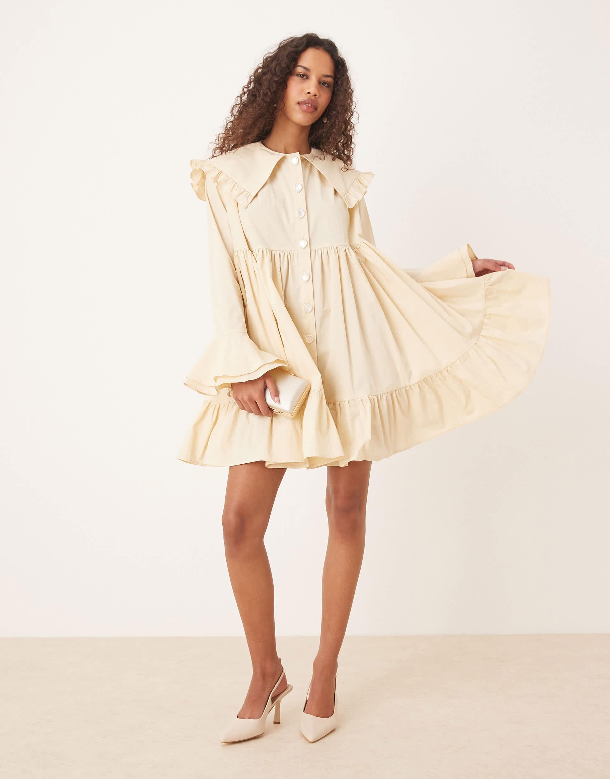 Sister Jane Oversized Collar Frill Mini Dress With Heart Button