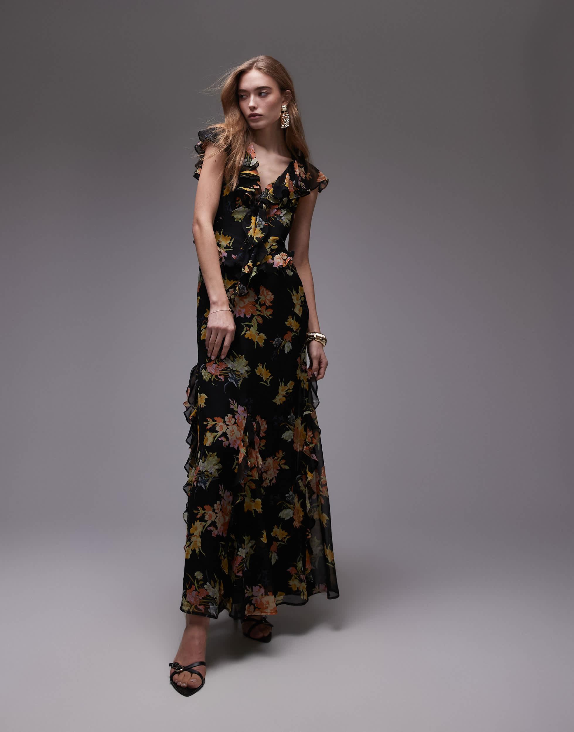 knee length dresses for ladies Topshop Blue Floral Wrap Midi Dress
