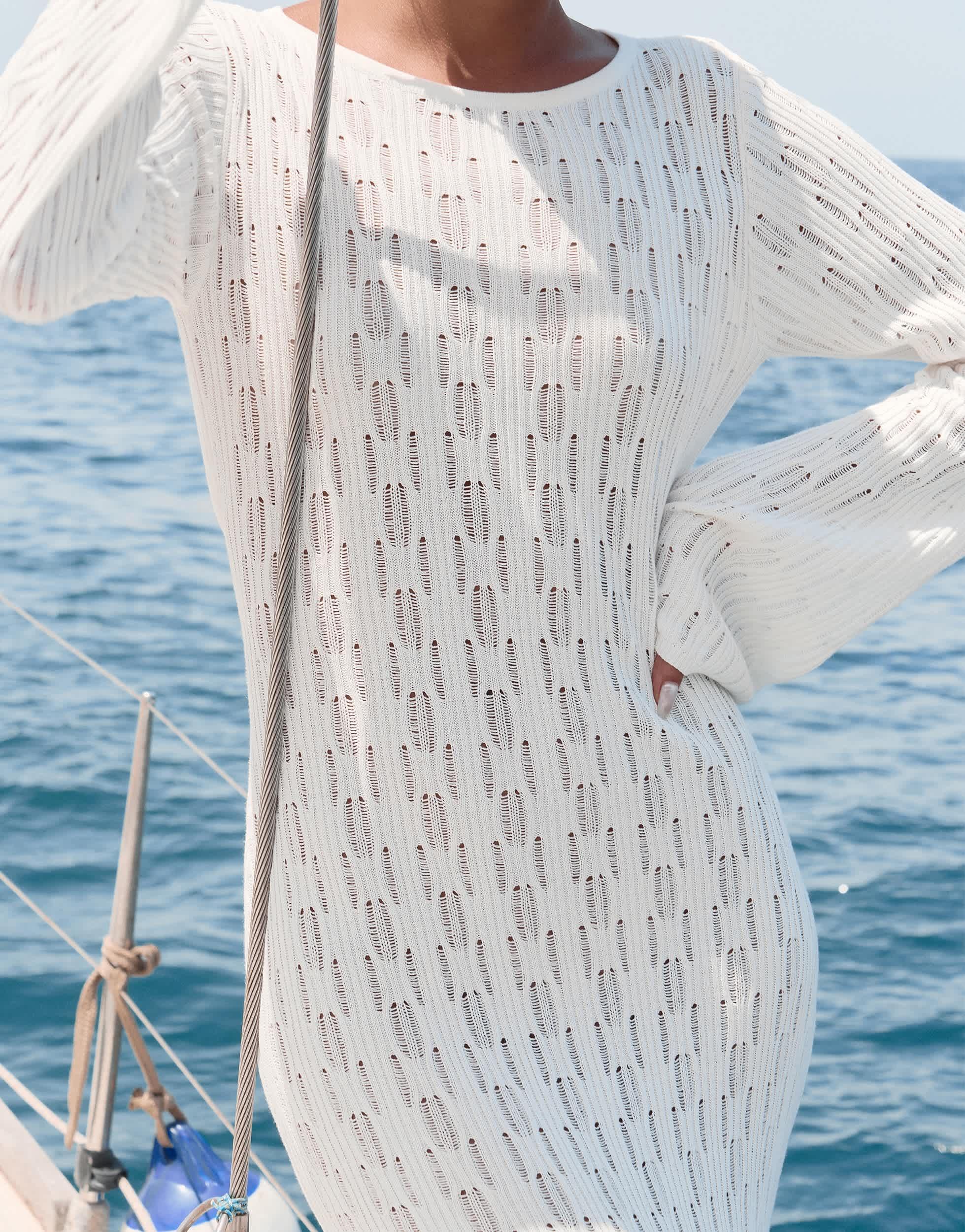 the cannery newport beach dress code Long Sleeve White Knit Beach Dress  Beach Prints Swimwear