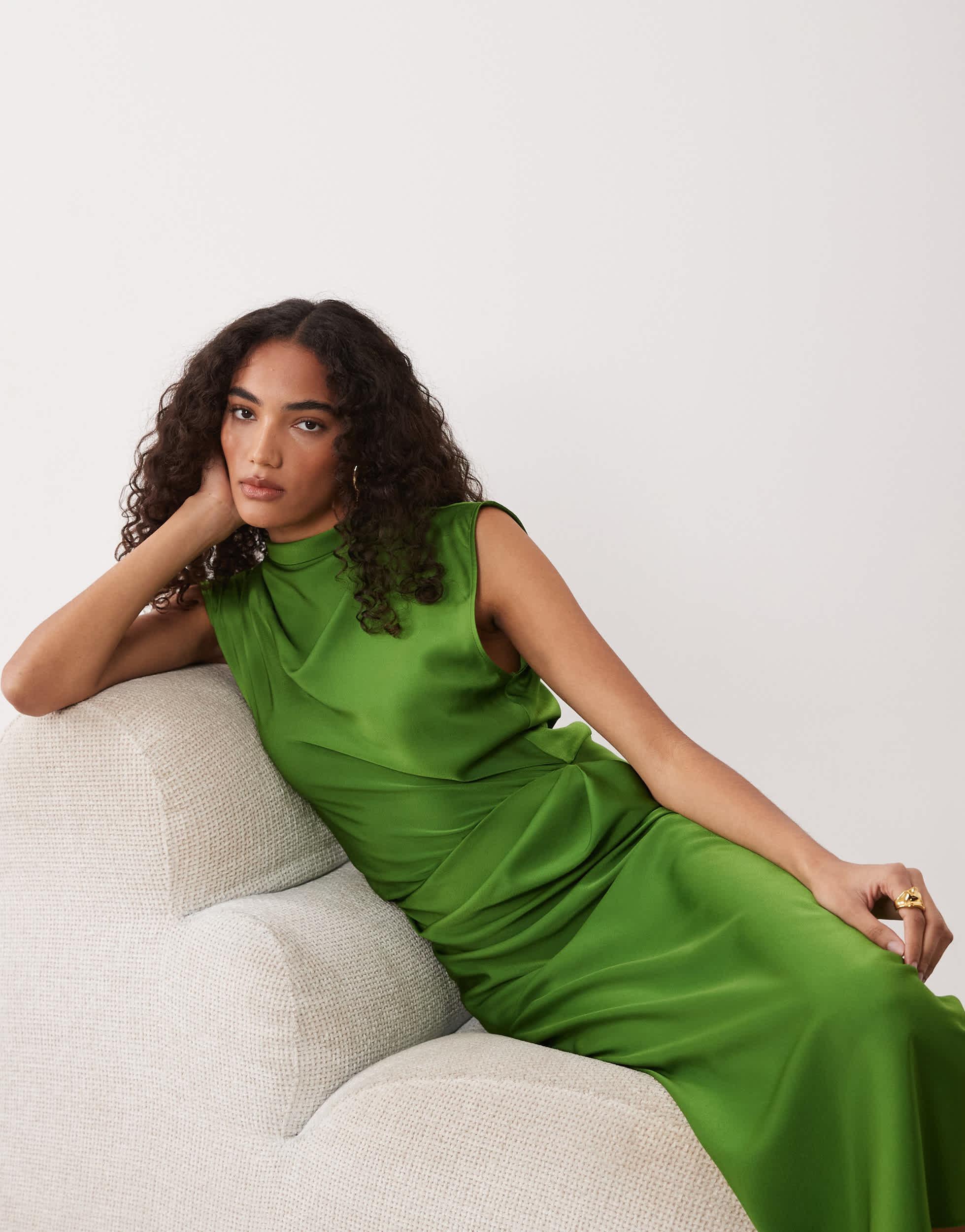asos pleated dress green ASOS DESIGN pleated bodice strappy pleat midi dress in sage green