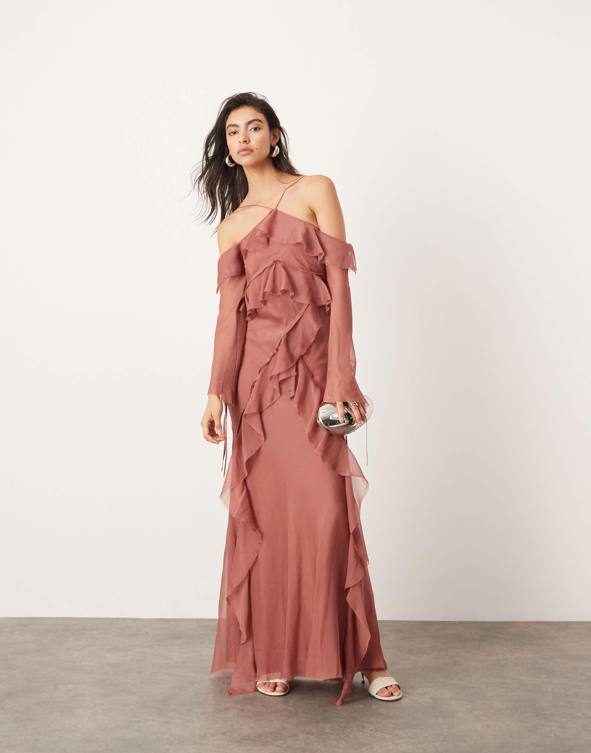 ASOS Chiffon Halter Cold Shoulder Raw Edge Ruffle Maxi Dress | Lyst