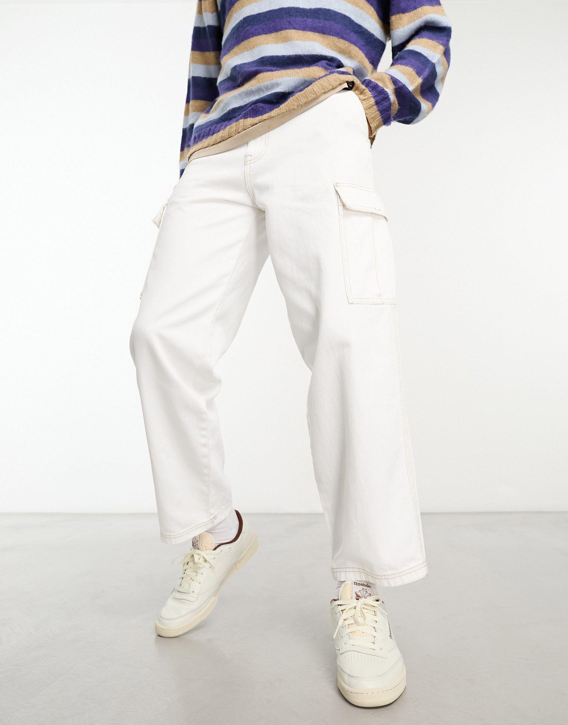 Pull&Bear Contrast Stitch Cargo Trouser in White for Men | Lyst