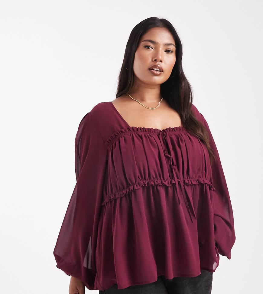 ASOS Asos Design Curve Sheer Yoke Ruched Detail Blouse in Purple