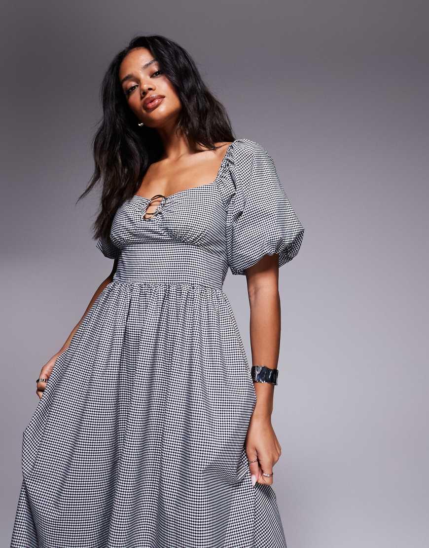 River Island Puff Sleeve Gingham Trim Detail Midi Dress in Grey - Main Image