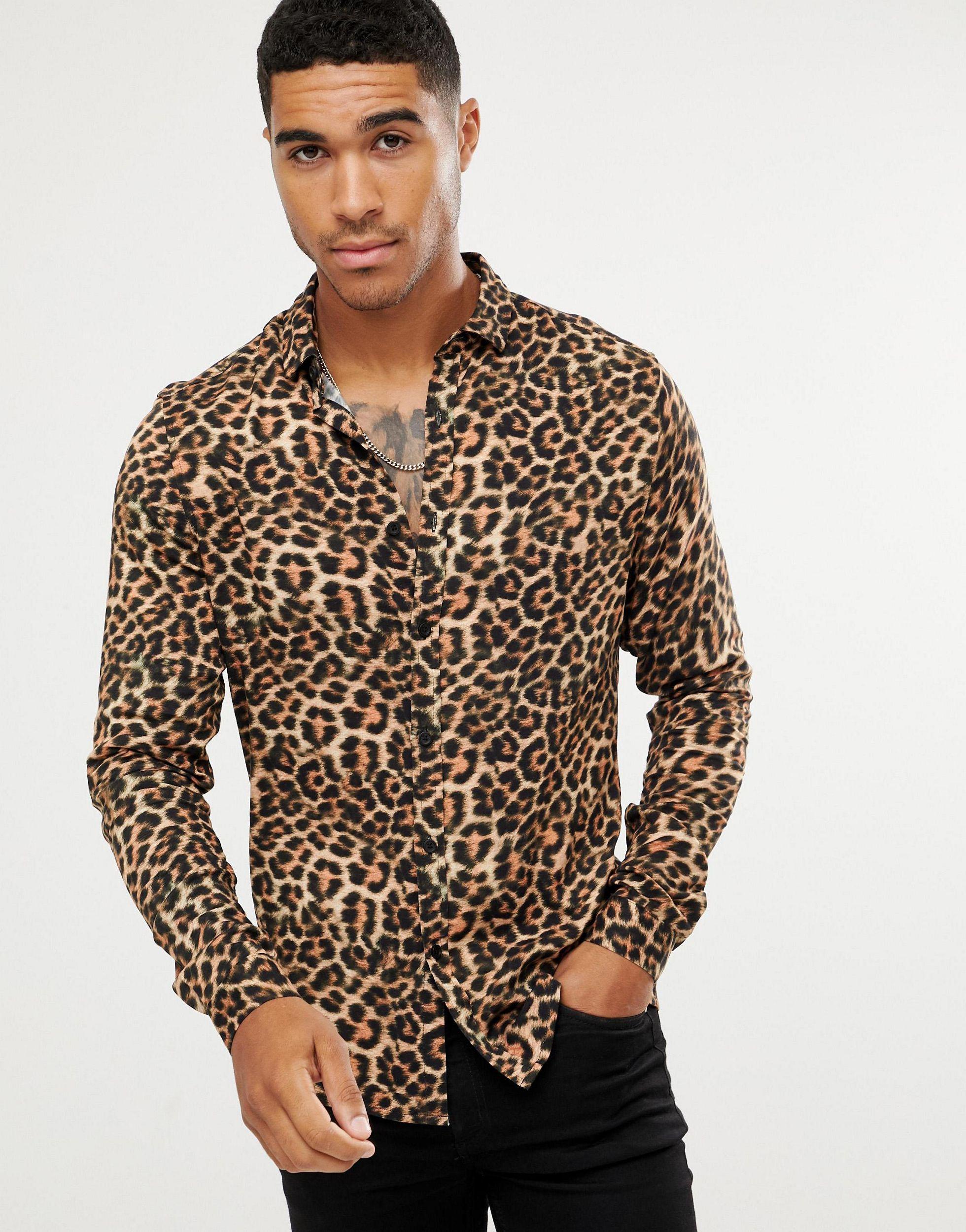 ASOS Skinny Fit Leopard Print Shirt in Brown for Men | Lyst Canada
