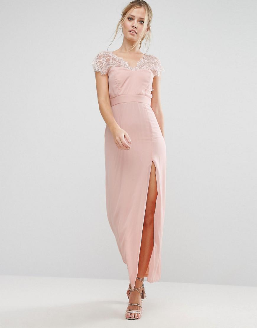 Lipsy halter neck maxi dress with lace detail in light pink