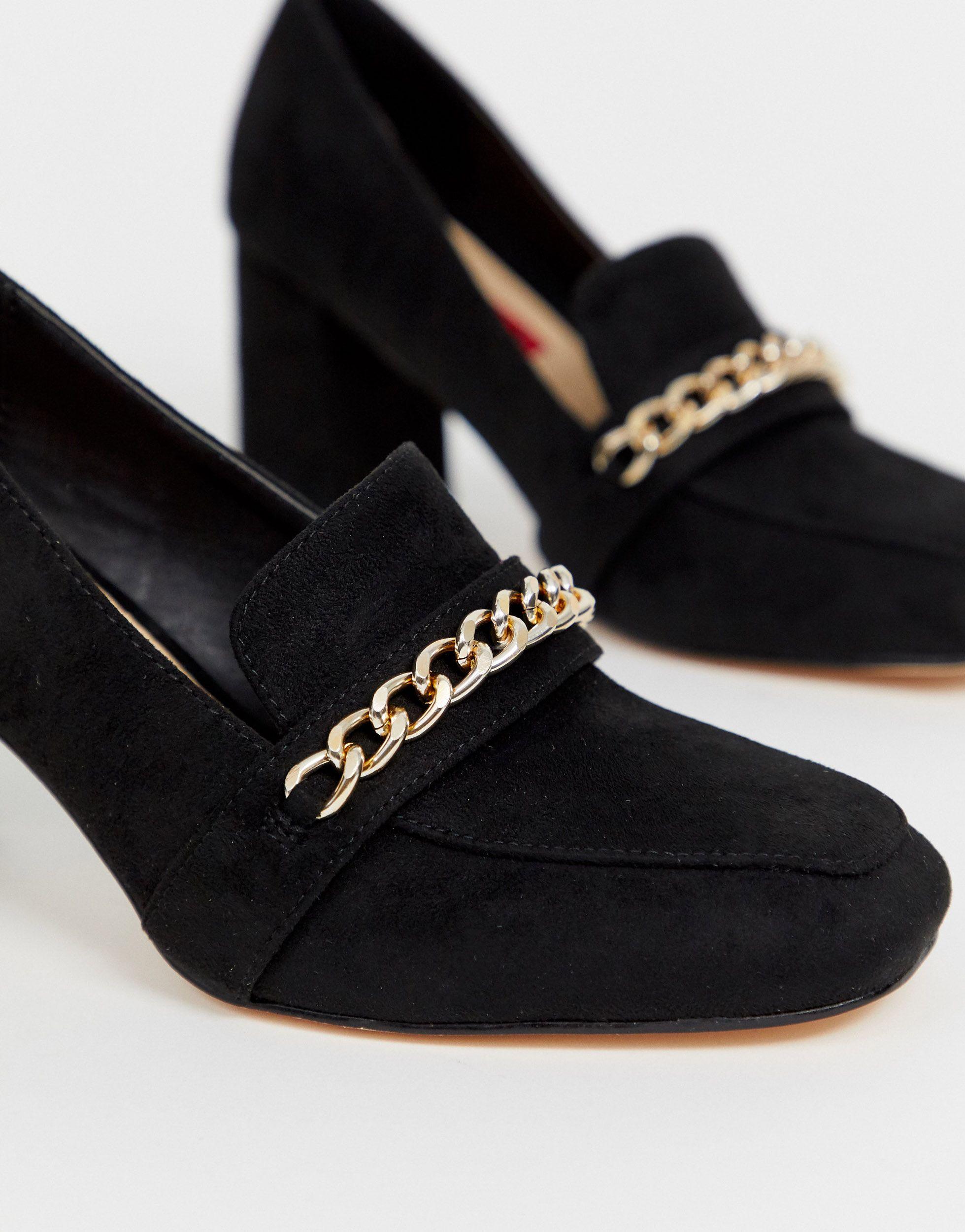 London Rebel Heeled Loafer Shoes With Gold Chain in Black | Lyst