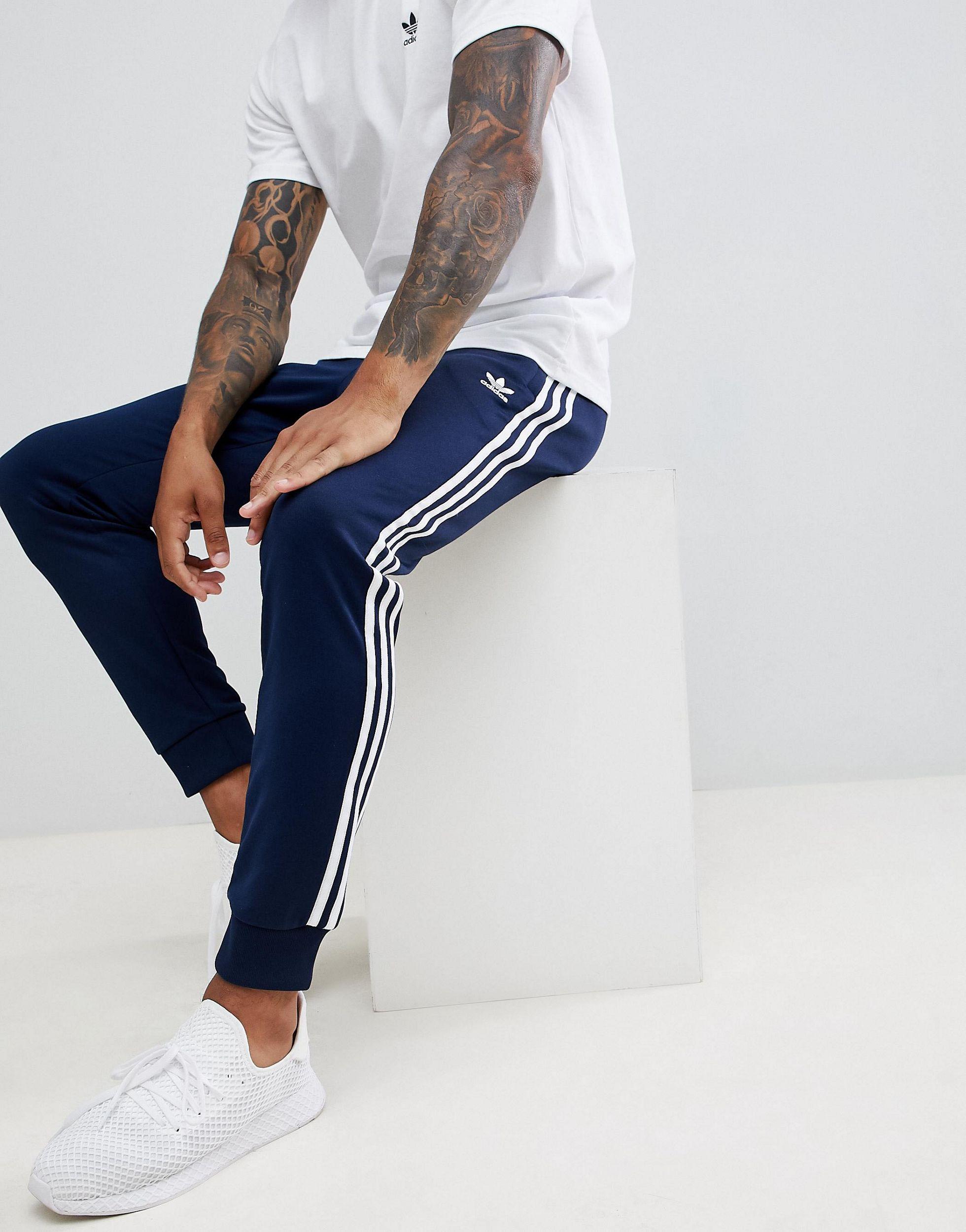 adidas Originals Three Stripe Skinny Sweatpants With Cuffed Hem in Blue for Men Lyst