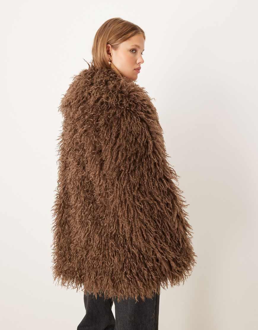 Brave Soul Longline Mongolian Faux Fur Jacket in Brown Lyst UK