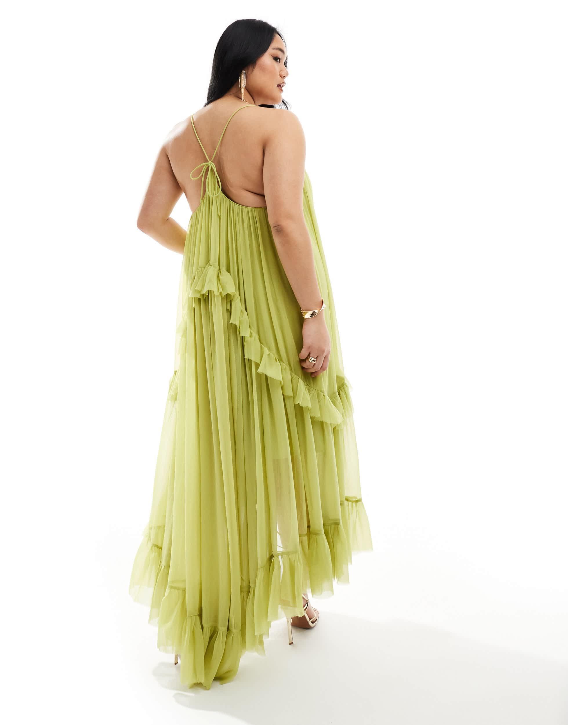 ASOS Asos Design Curve Scoop Neck Trapeze Maxi Dress With Frill in Yellow |  Lyst