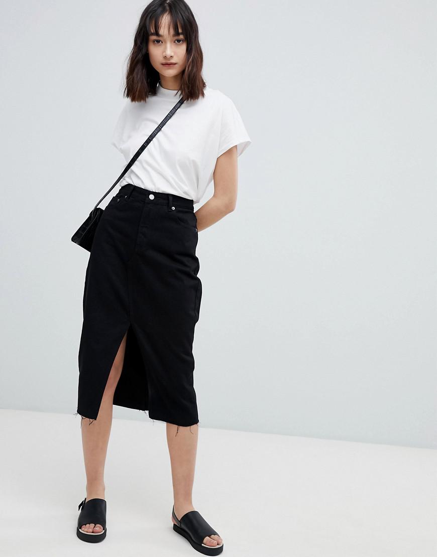 Dr. Denim Midi Denim Skirt With Split Front Seam in Black - Lyst