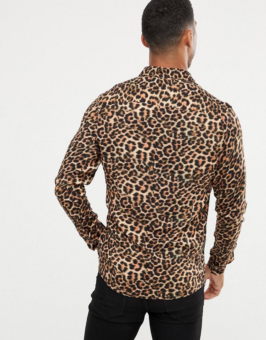 ASOS Cotton Skinny Fit Leopard Print Shirt in Brown for Men - Lyst