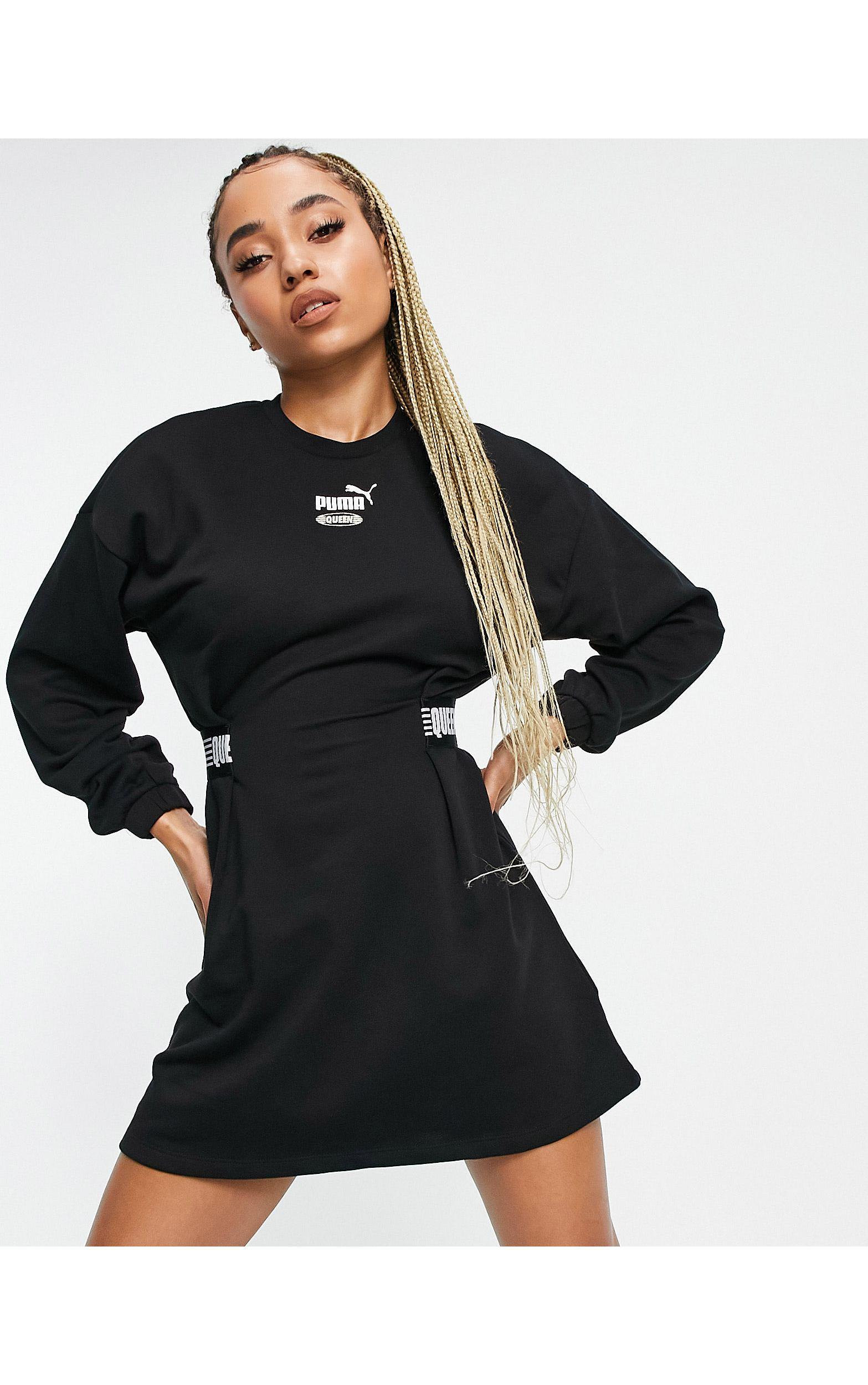PUMA Queen Long Sleeve Mini Dress With Cinched Waist Banding in Black | Lyst