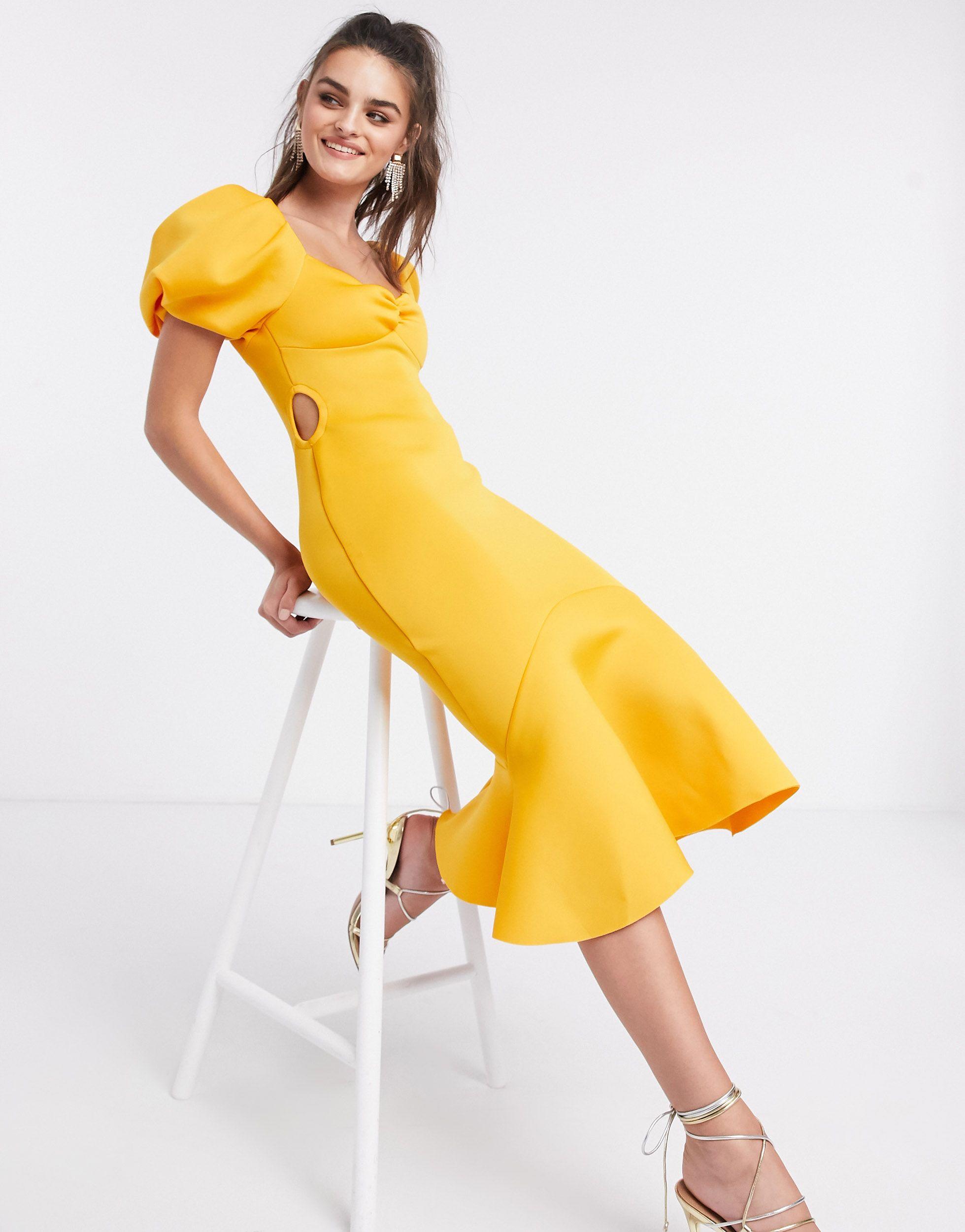 ASOS Puff Sleeve Side Cut Out Midi Dress in Yellow | Lyst