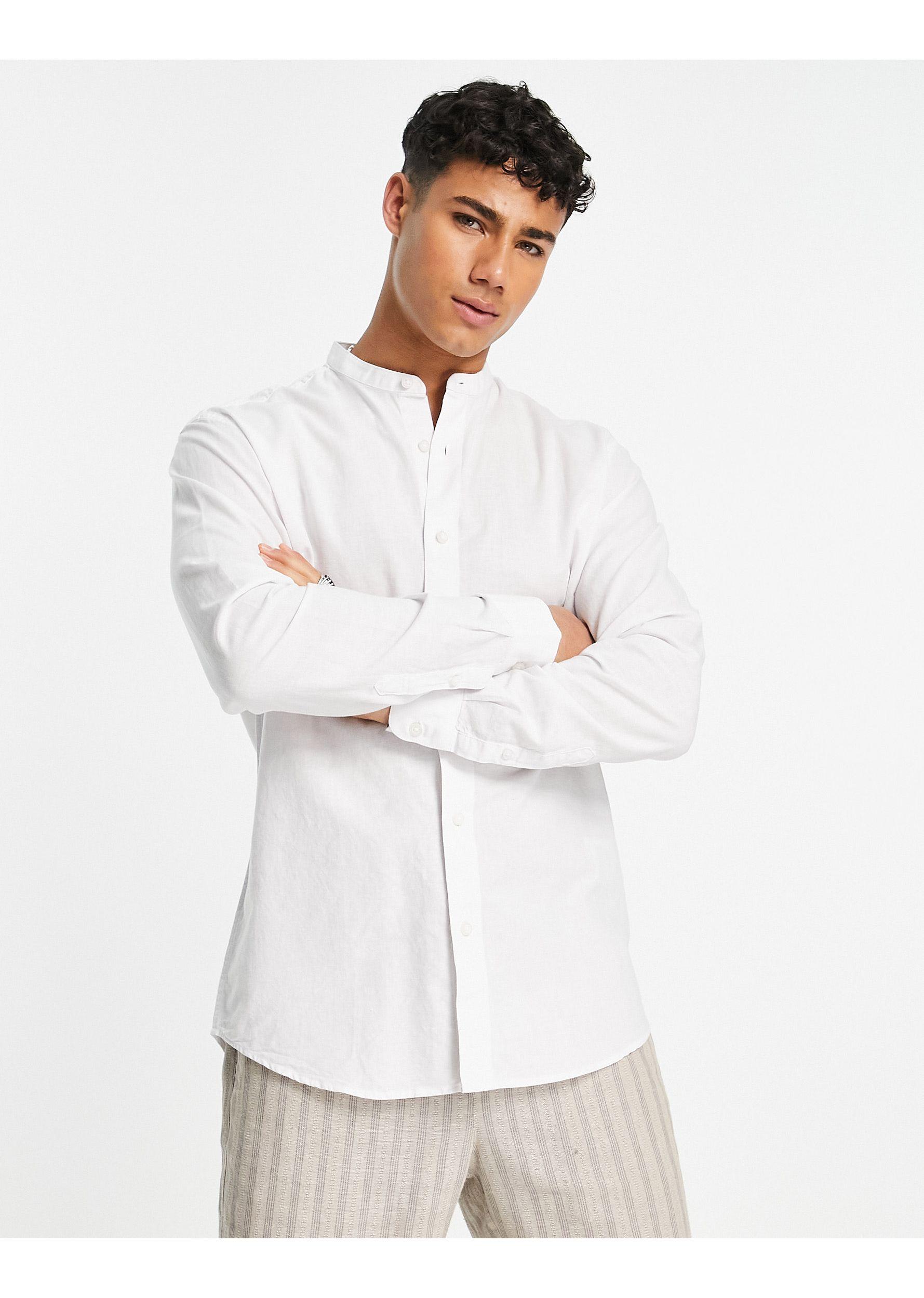 SELECTED Grandad Collar Linen Mix Shirt 