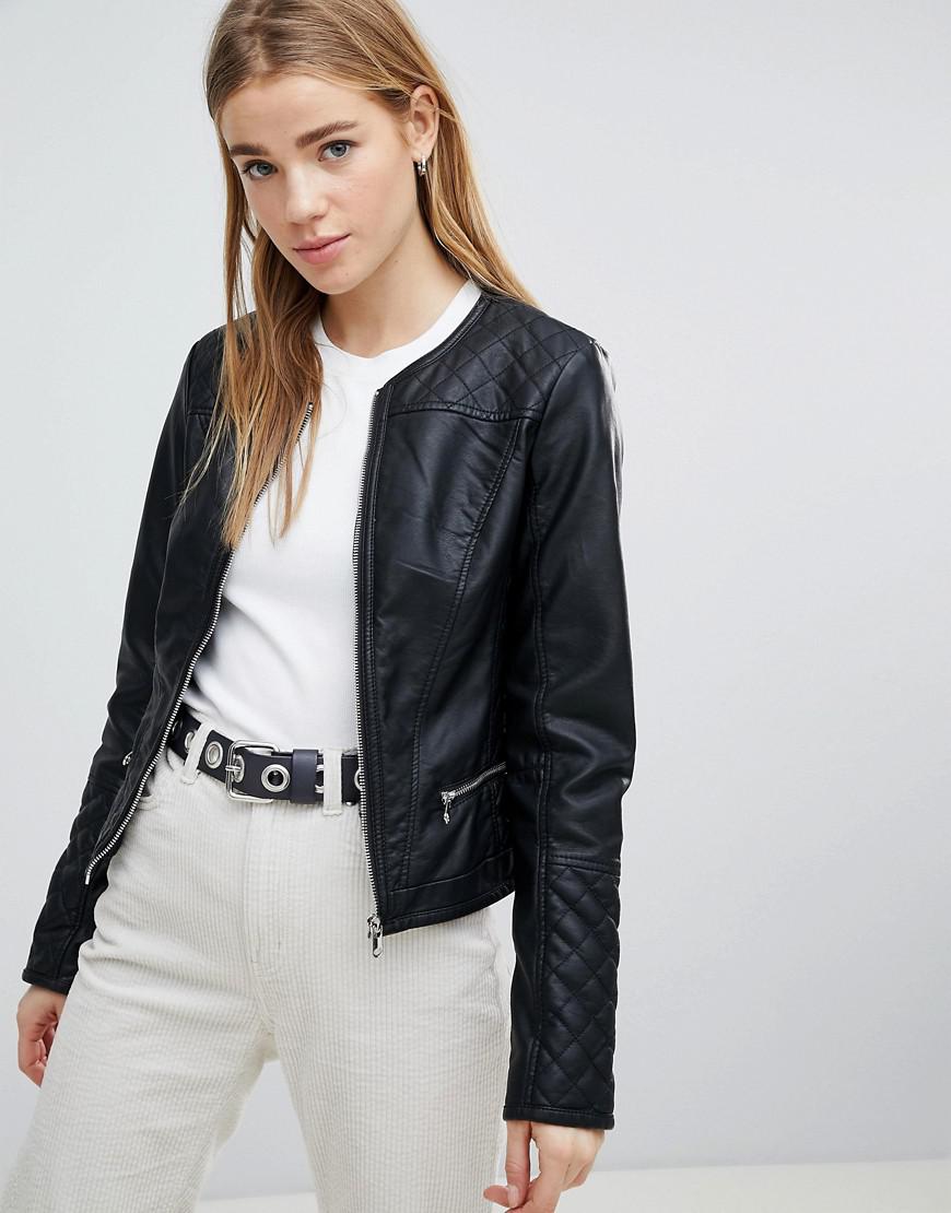 Pimkie Collarless Leather Look Biker Jacket in Black - Lyst