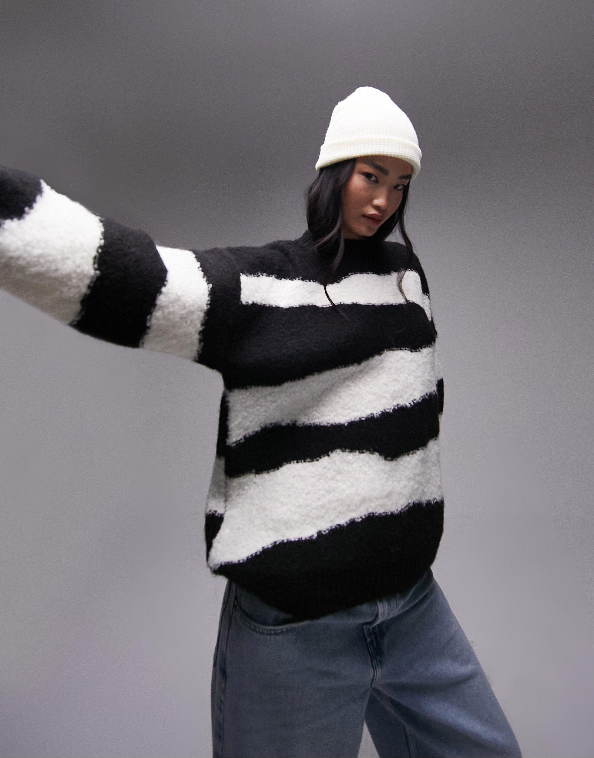 ASOS Design Sweater in Mixed Yarn Stripe in Black and white-Multi