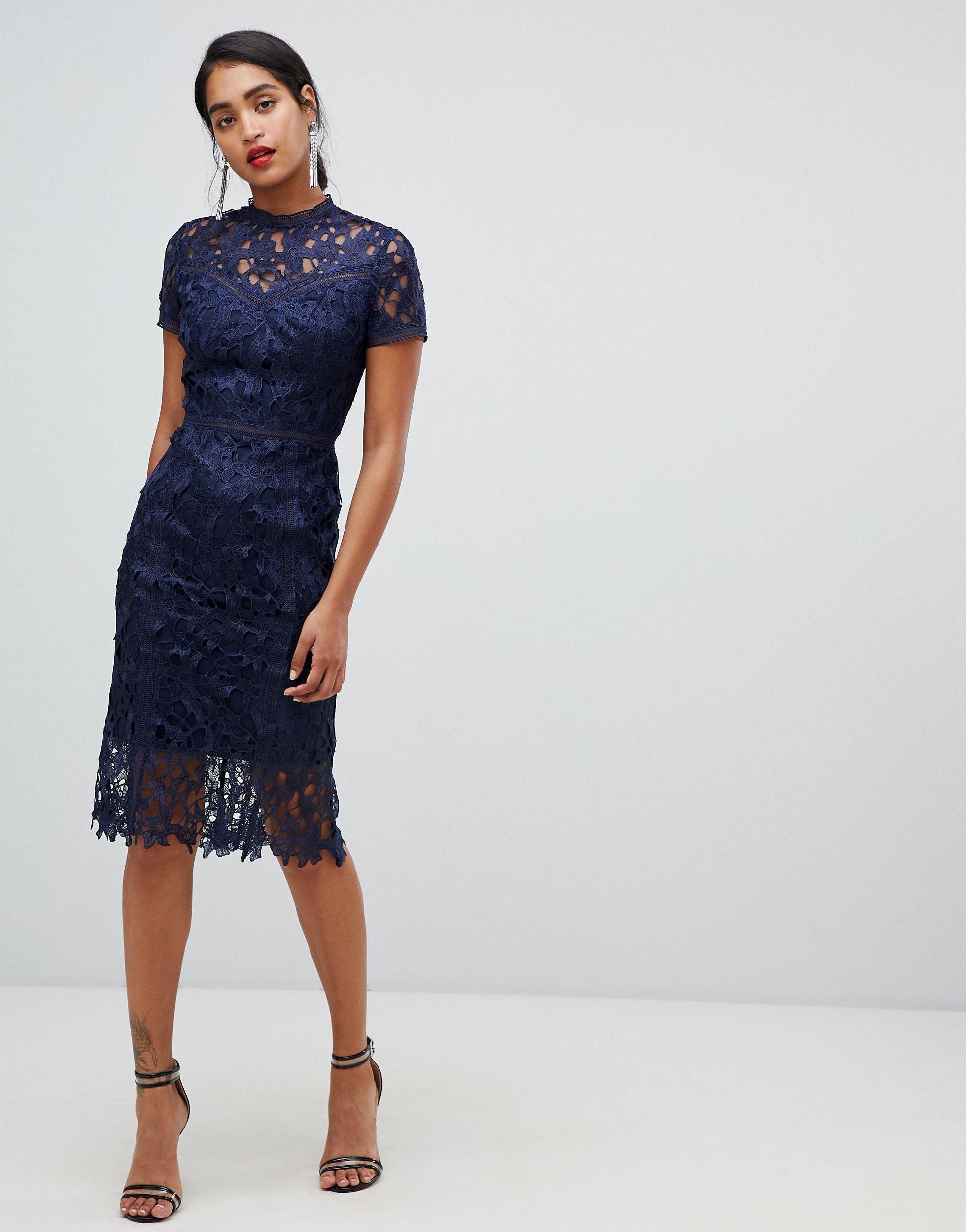 Chi Chi London High Neck Lace Pencil Dress in Blue Lyst UK
