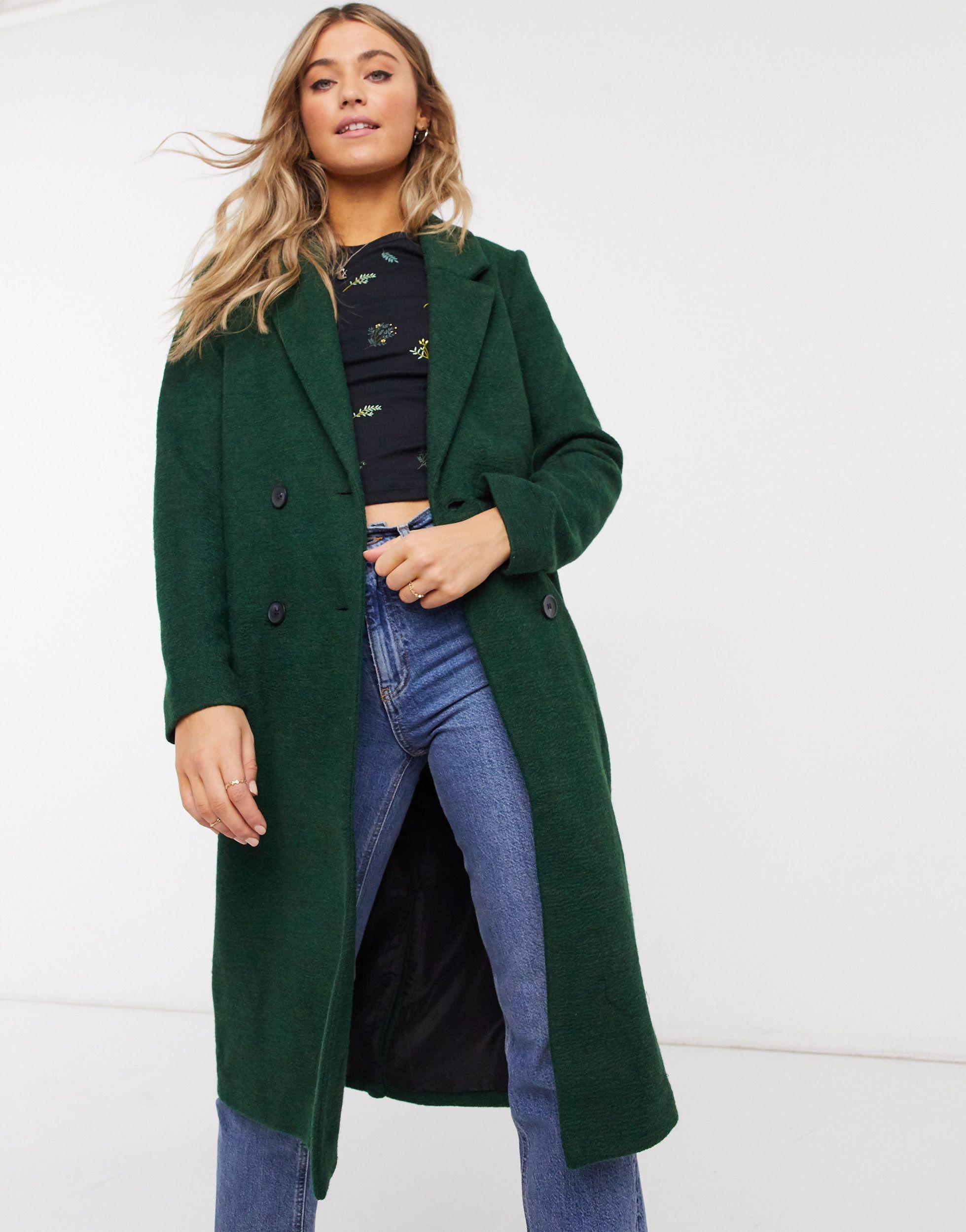 Monki Lou Boucle Wool Double Breasted Coat in Green | Lyst