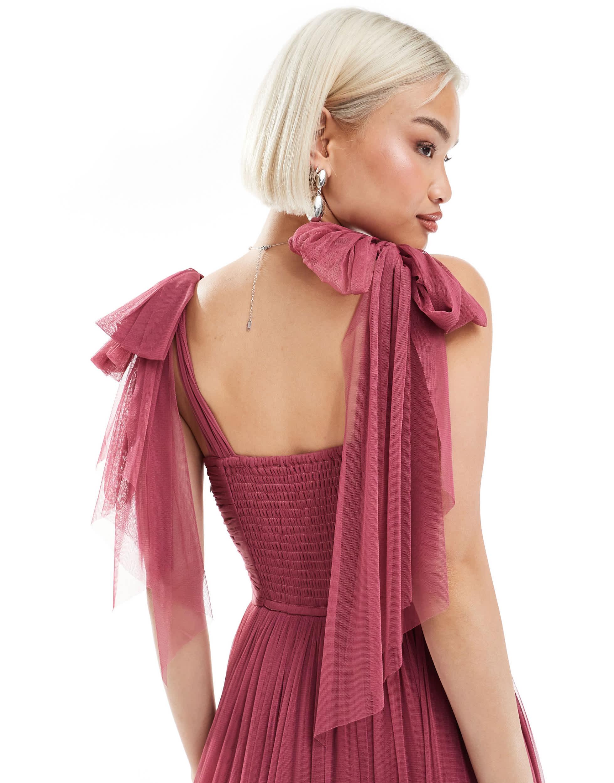 LACE & BEADS Bridesmaid Bow Shoulder Tiered Maxi Dress | Lyst