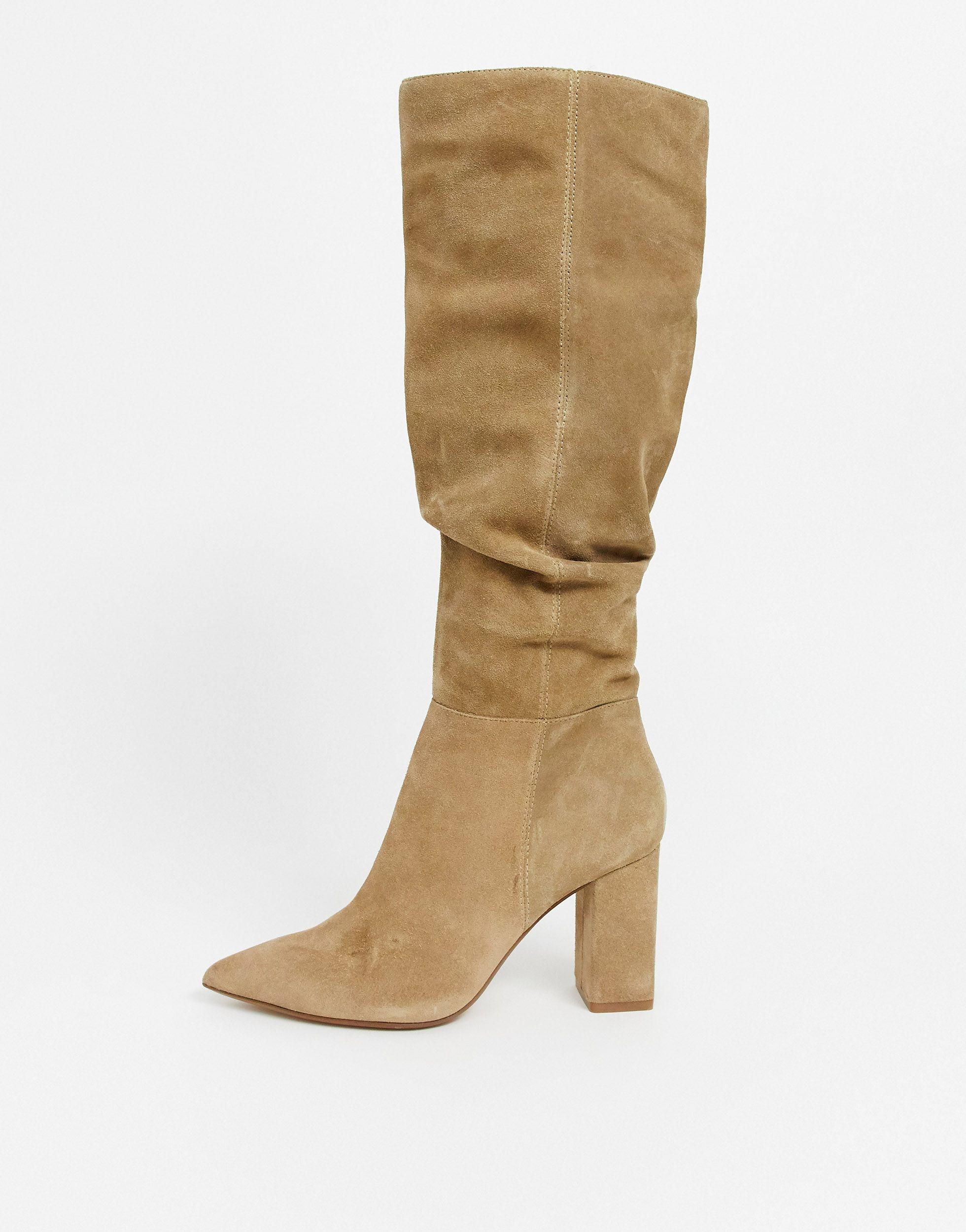 Bershka Faux Suede Slouch Knee High Boots in Natural | Lyst