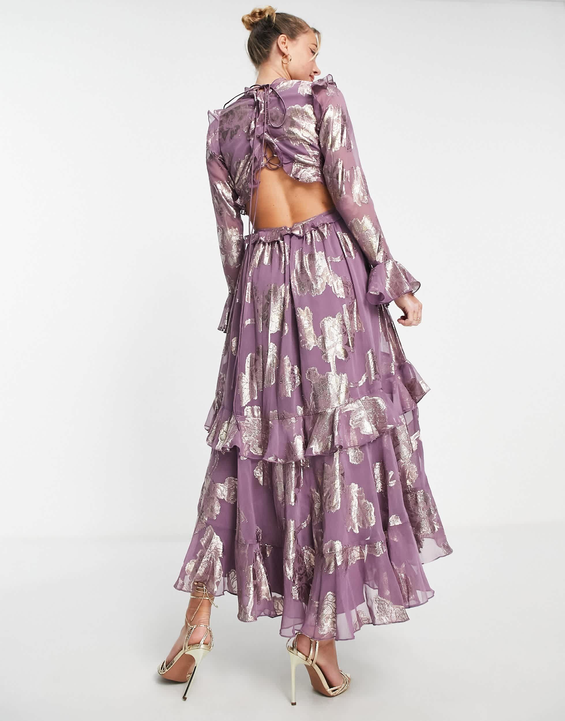 ASOS Ruffle Floral Jacquard Midi Dress With Tiered Skirt in Purple Lyst