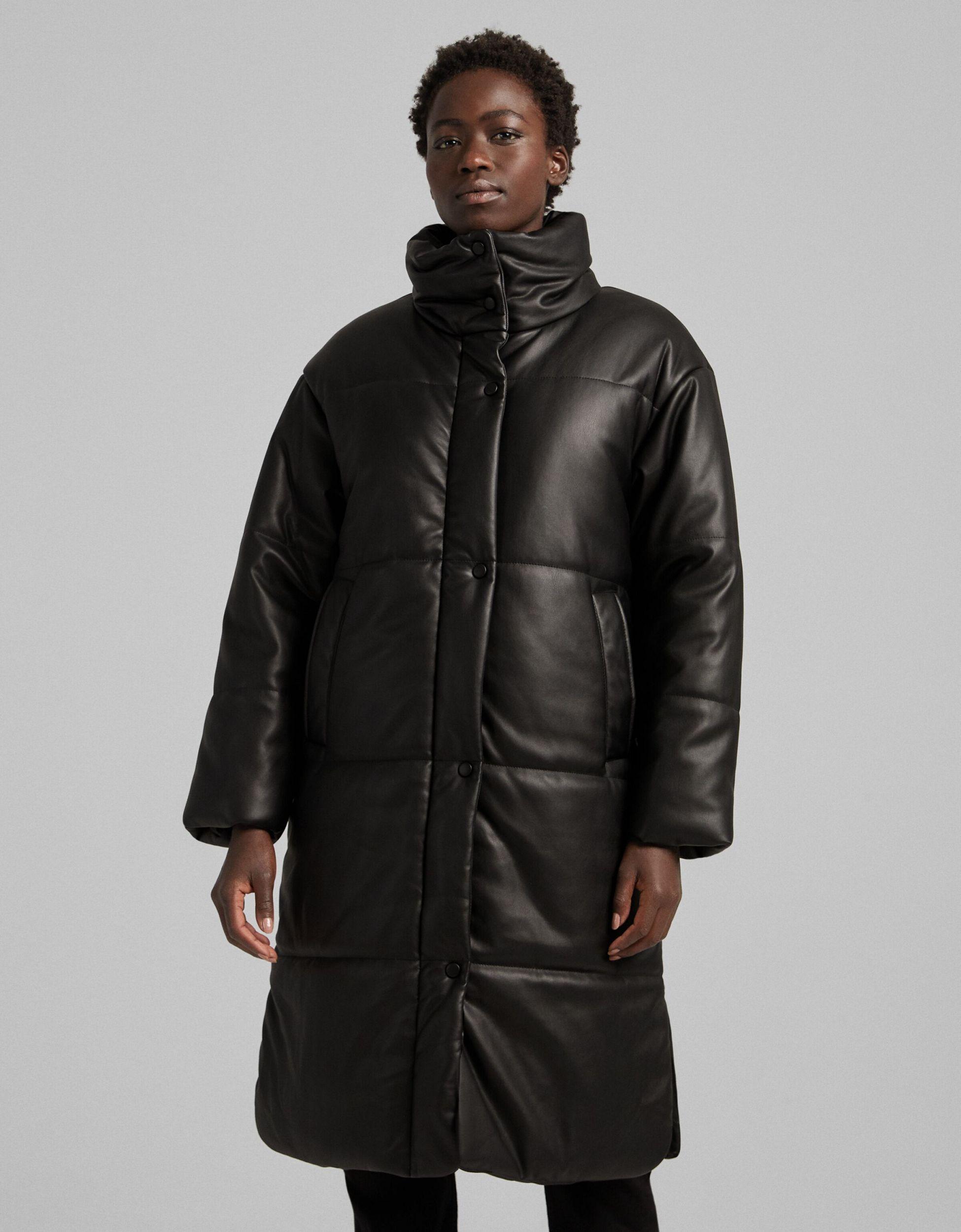 Bershka Faux Leather Padded Long Line Puffer Coat in Black | Lyst