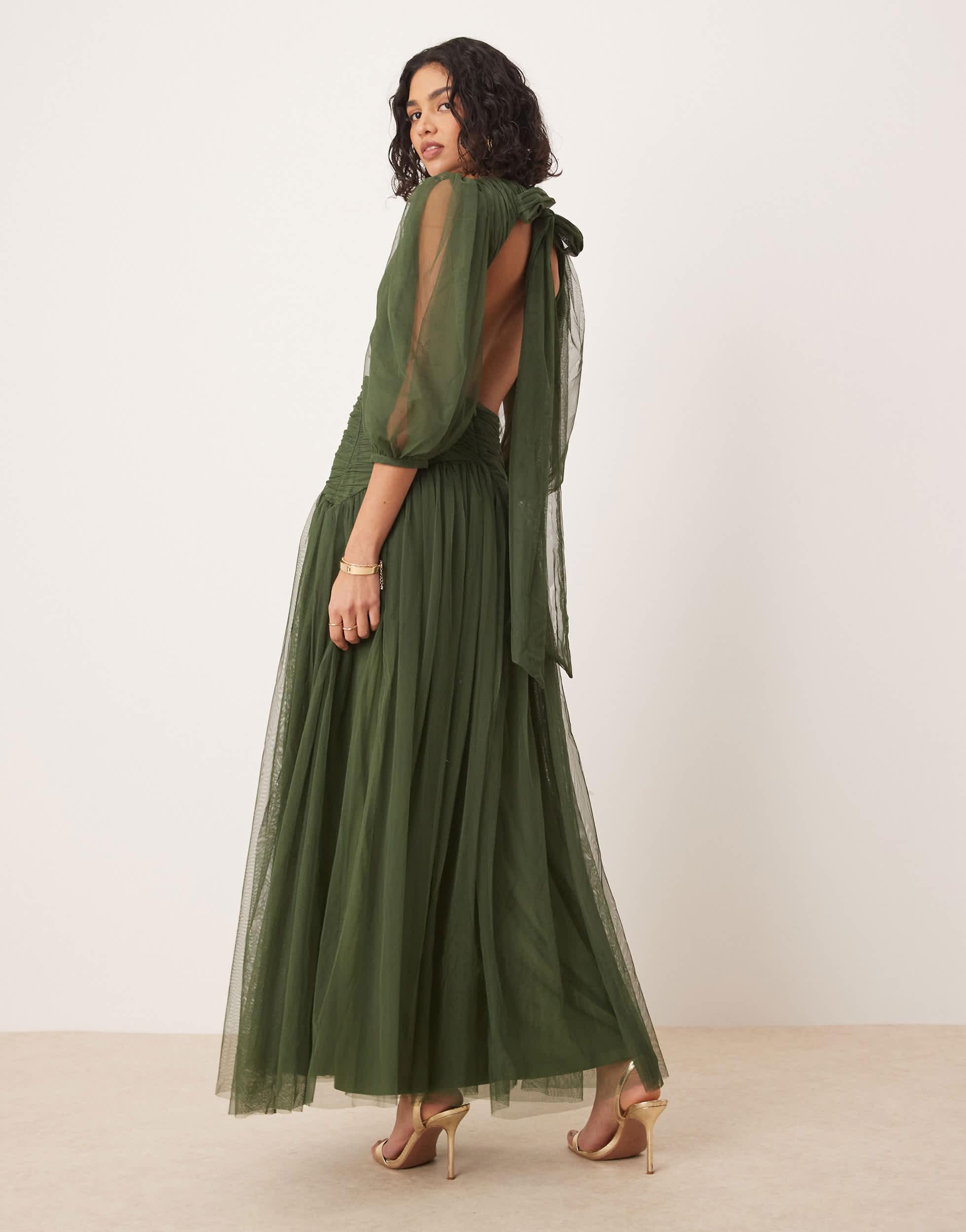 lace frill hem sleeveless plunge maxi dress LACE & BEADS Plunge Drop Hem Maxi Dress in Green