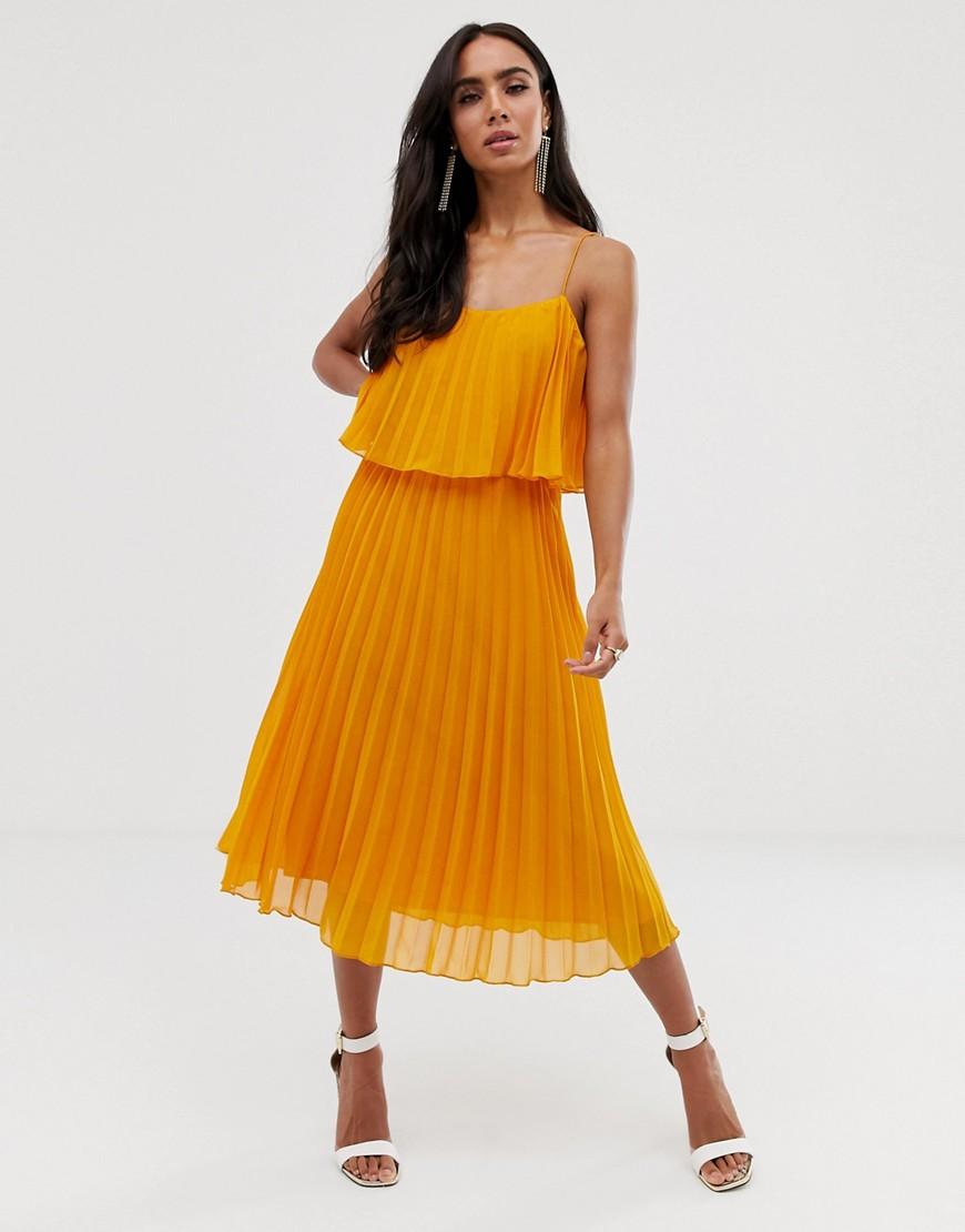 ASOS Synthetic Pleated Crop Top Midi Dress With Scoop Neck in Yellow - Lyst