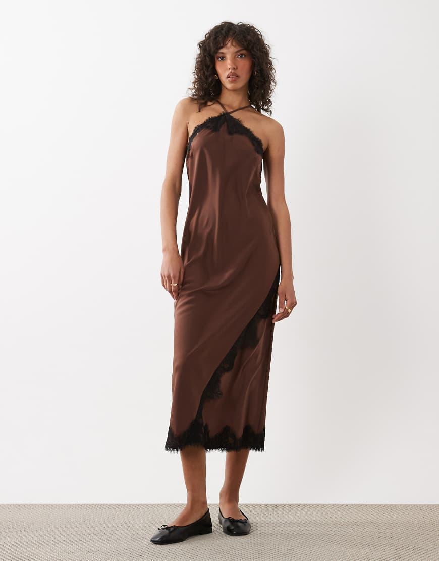 New Look Asymmetric Halterneck Satin Lace Midi Dress in Brown | Lyst UK